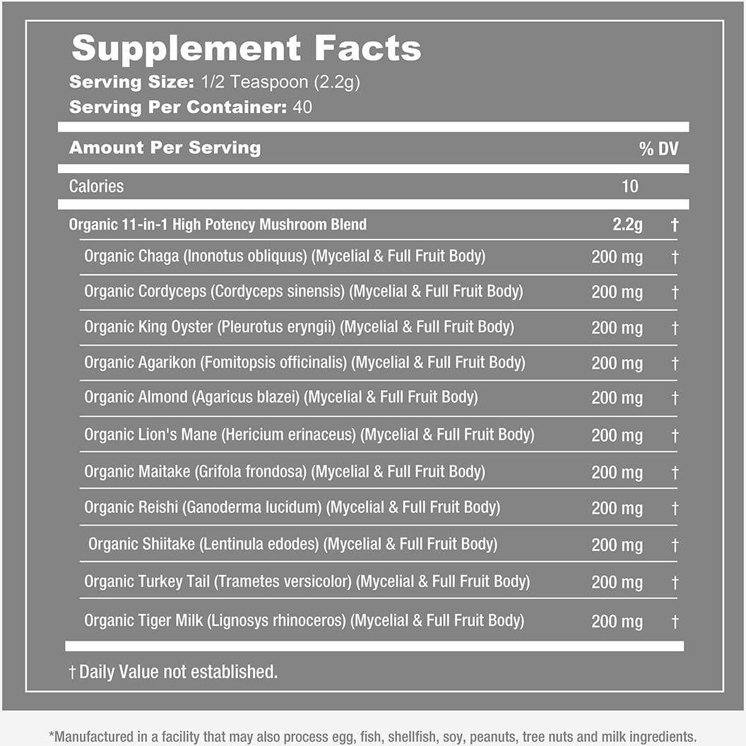 SAN ZENTORI 11-in-1 Mushroom Supplement Powder – Lions Mane, Chaga Turkey Tail, Reishi, Cordyceps, Agarikon, Tigermilk - 40 Servings