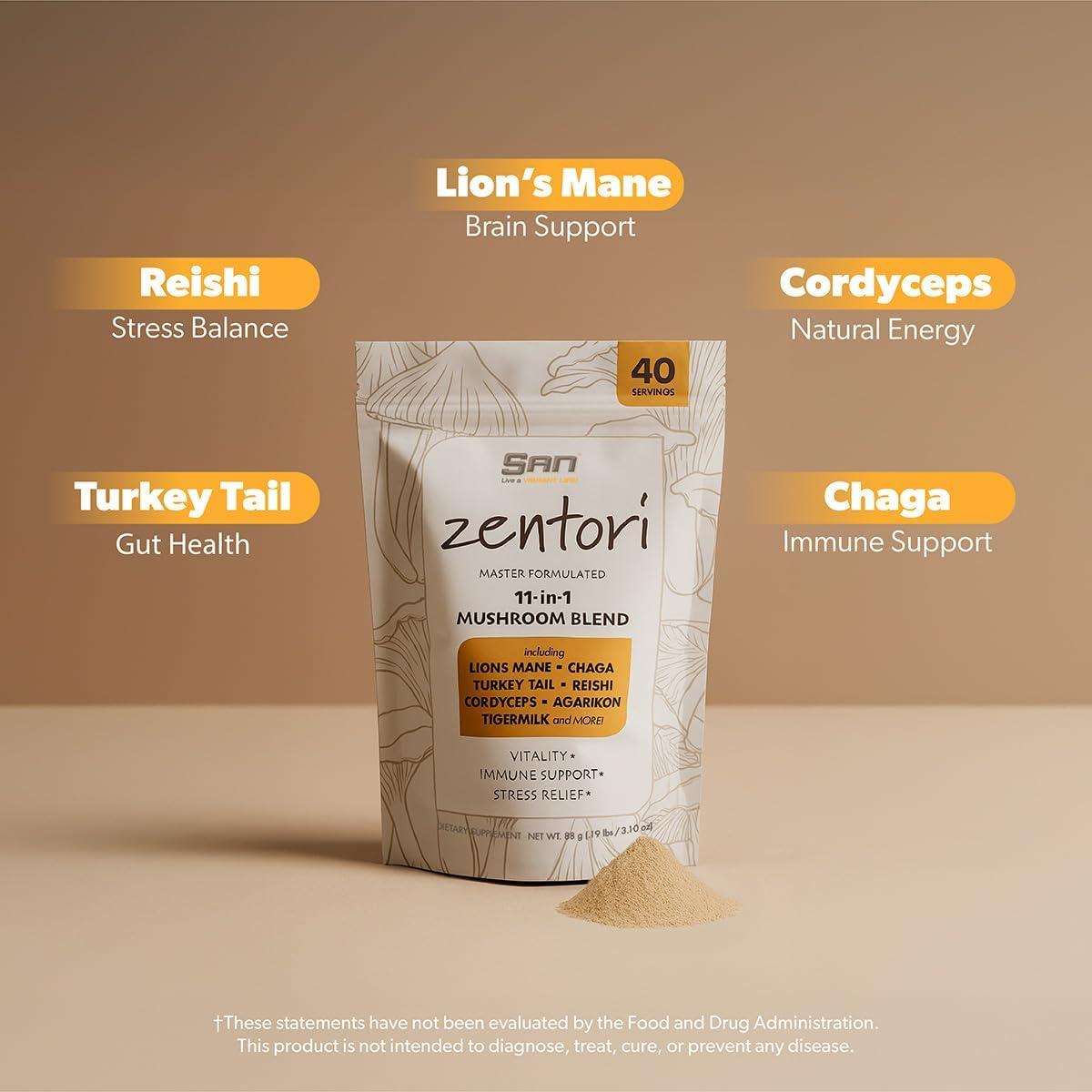 SAN ZENTORI 11-in-1 Mushroom Supplement Powder – Lions Mane, Chaga Turkey Tail, Reishi, Cordyceps, Agarikon, Tigermilk - 40 Servings