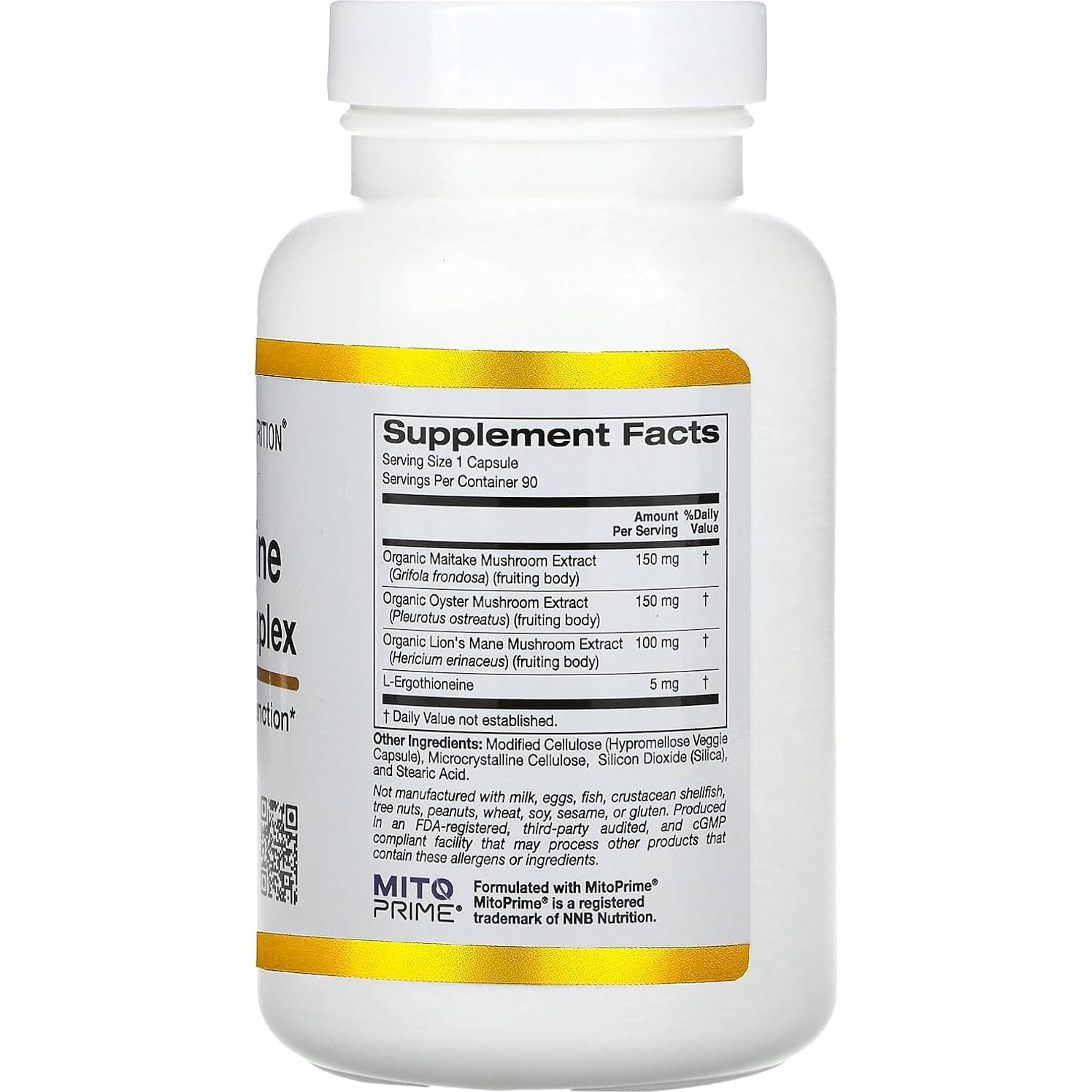 Complejo de Champiñones Ergothioneine California Gold 90 Cápsulas Veganas