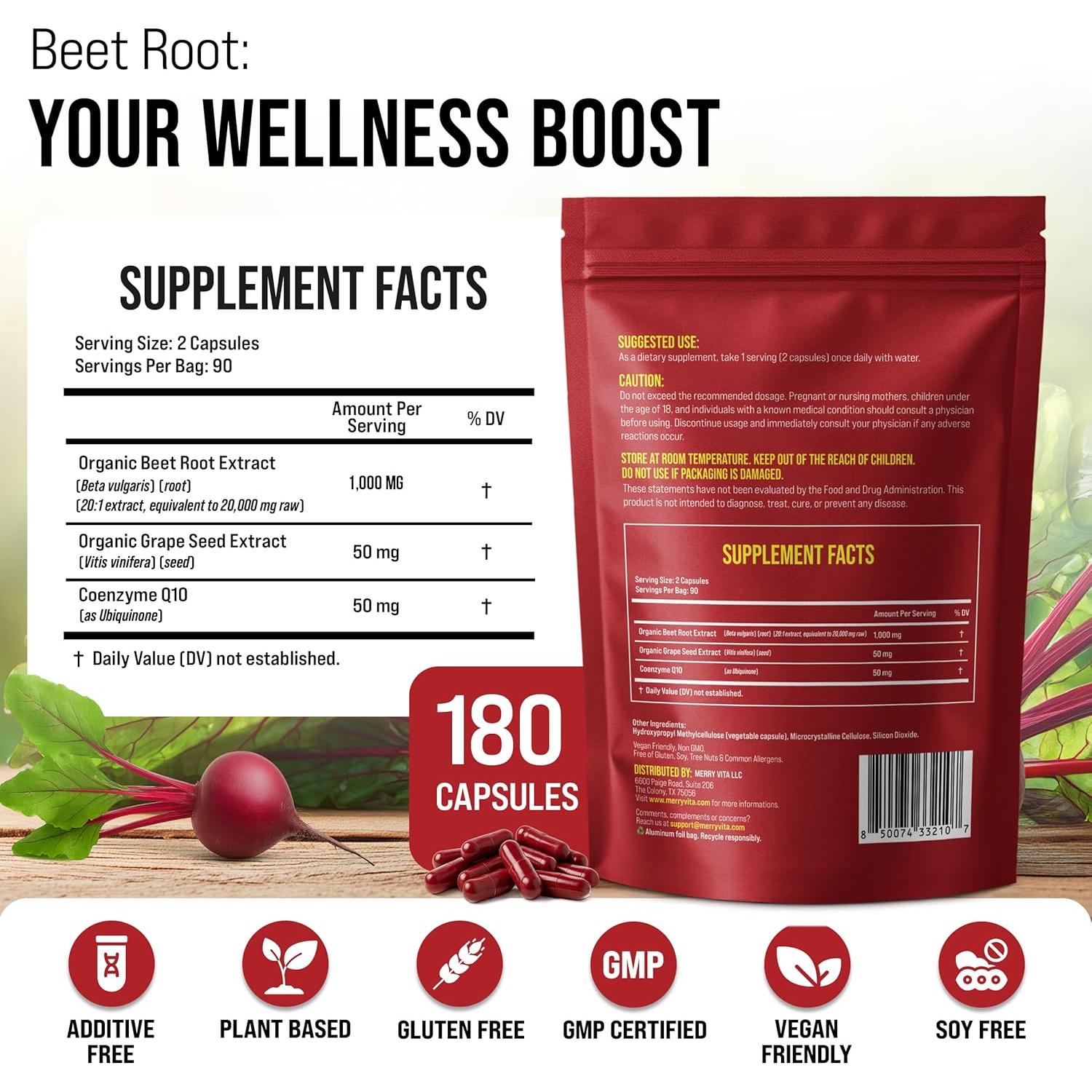 Cápsulas de remolacha orgánica MERRY VITA 180 unidades - CoQ10