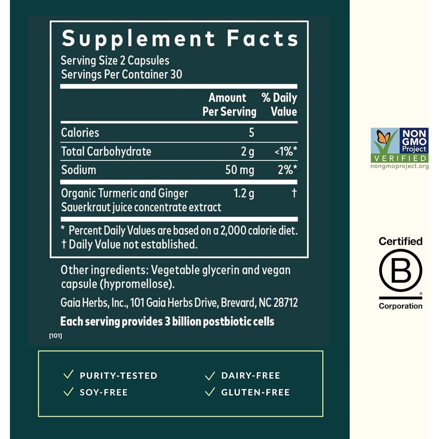 Suplemento Digestivo Gaia Herbs Jengibre-Cúrcuma 60 Cápsulas Veganas