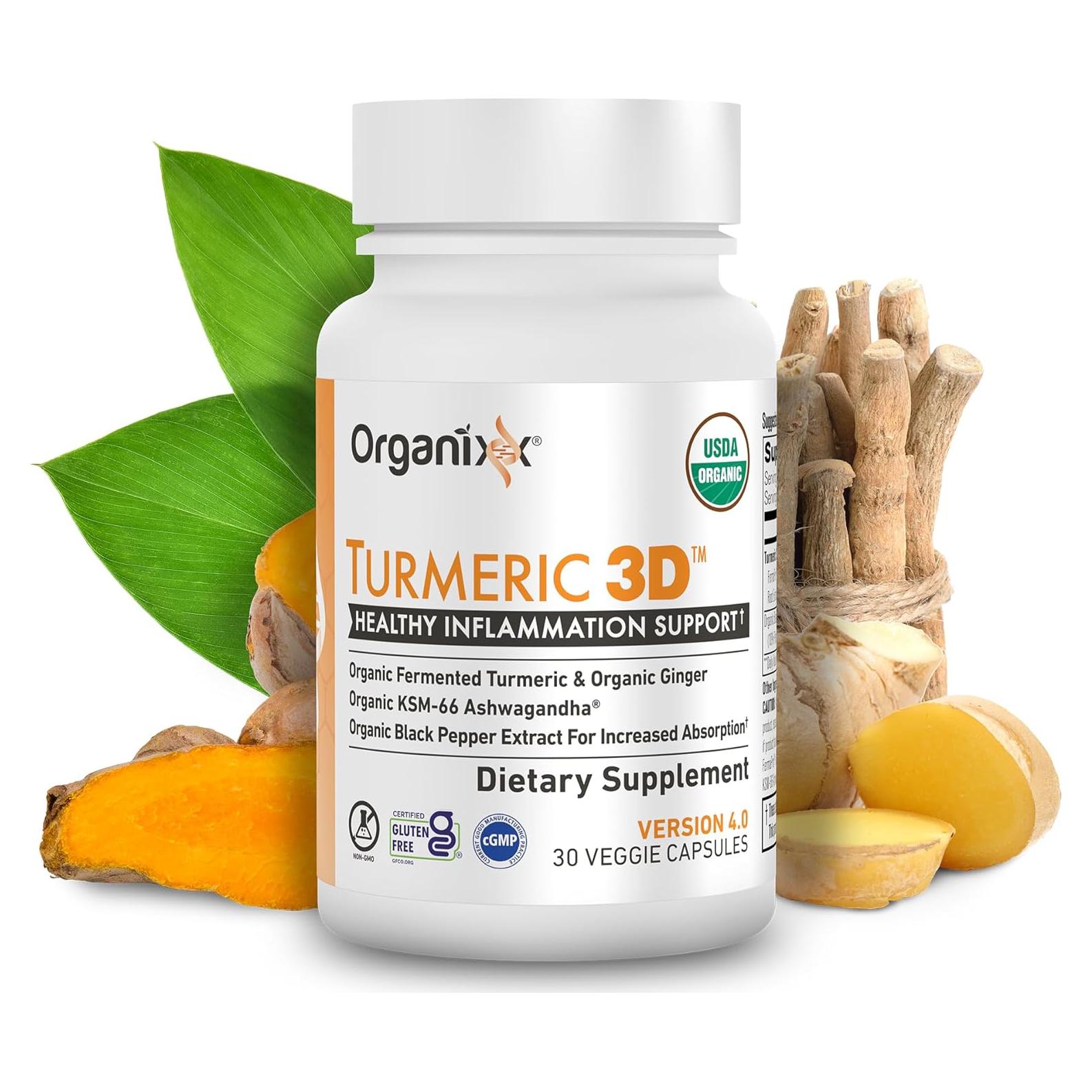 Suplemento de Cúrcuma 3D Organixx con Ashwagandha y Jengibre, 30 Cápsulas