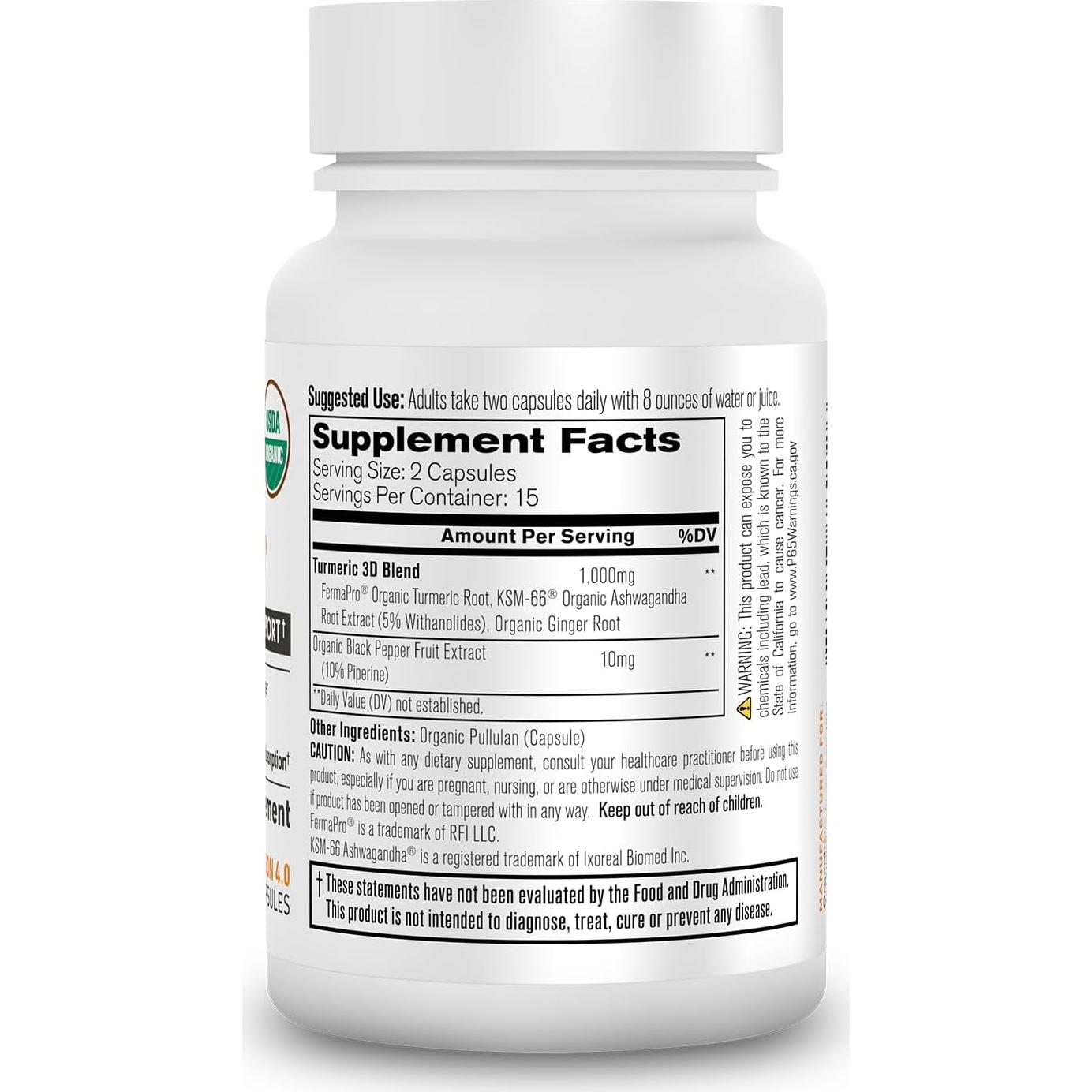 Suplemento de Cúrcuma 3D Organixx con Ashwagandha y Jengibre, 30 Cápsulas