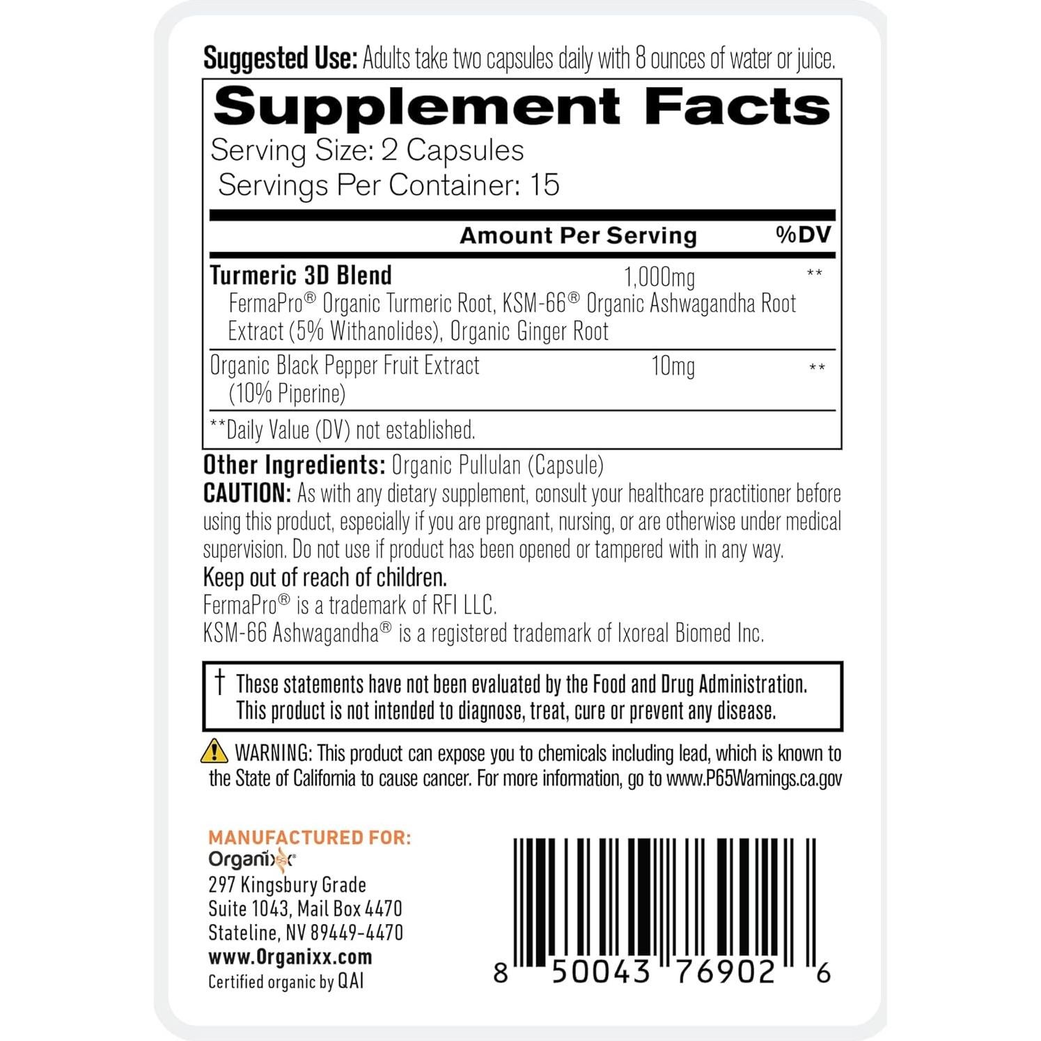 Suplemento de Cúrcuma 3D Organixx con Ashwagandha y Jengibre, 30 Cápsulas
