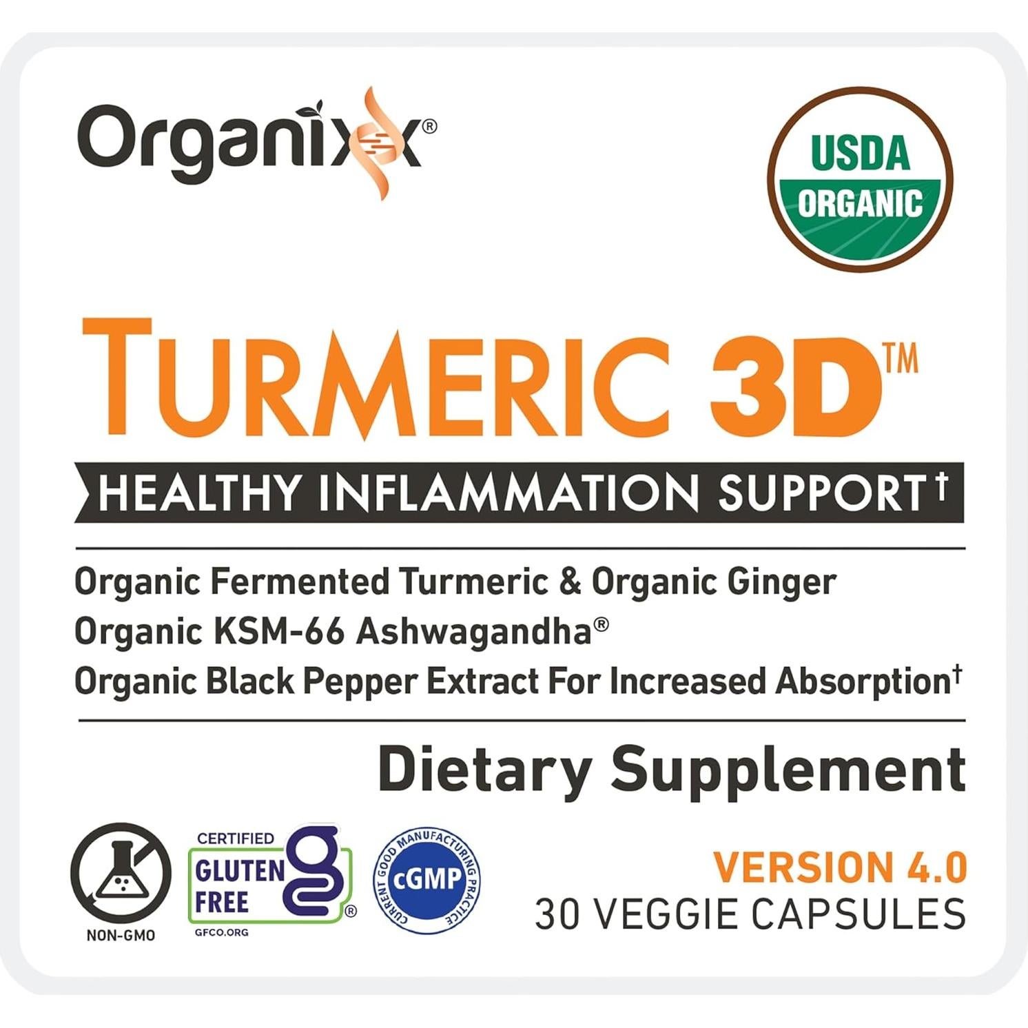 Suplemento de Cúrcuma 3D Organixx con Ashwagandha y Jengibre, 30 Cápsulas