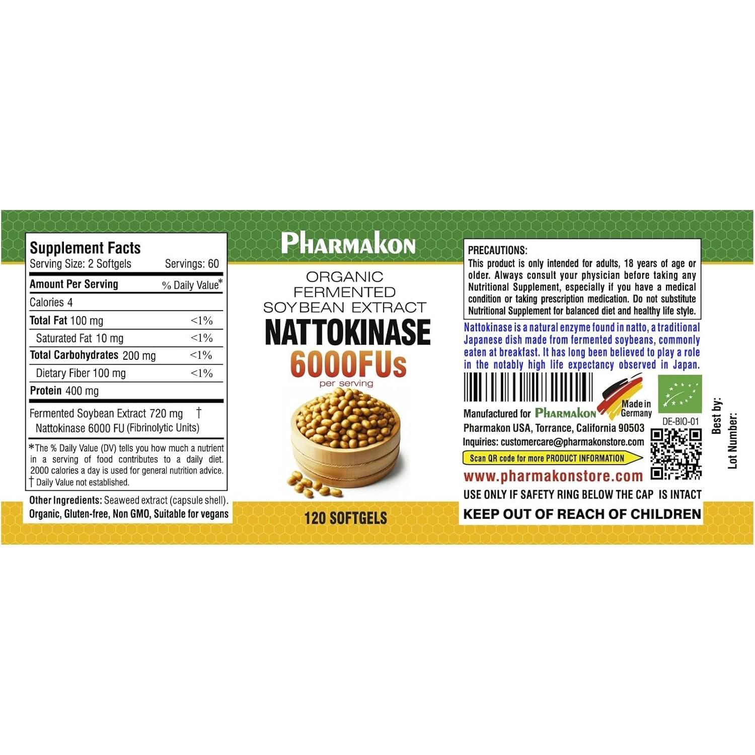 Suplemento Nattokinasa Orgánica PHARMAKON 6000 FUs 120 Cápsulas