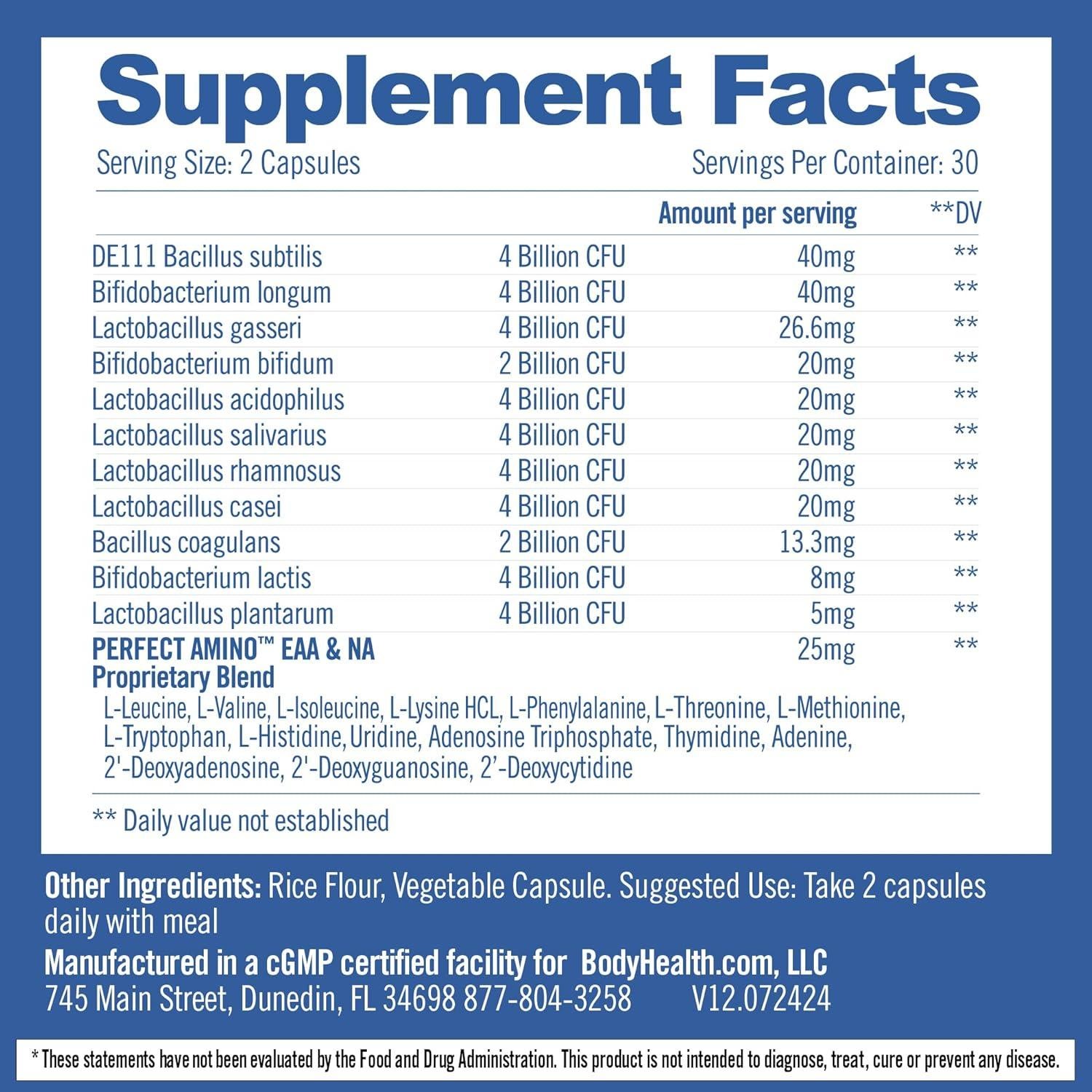 BodyHealth Probiotic Enhanced with PerfectAmino for Women and Men, Spore Based with Bifidobacterium, Lactobacillus Salivarius, Lactobacillus Acidophilus - 60 Capsules