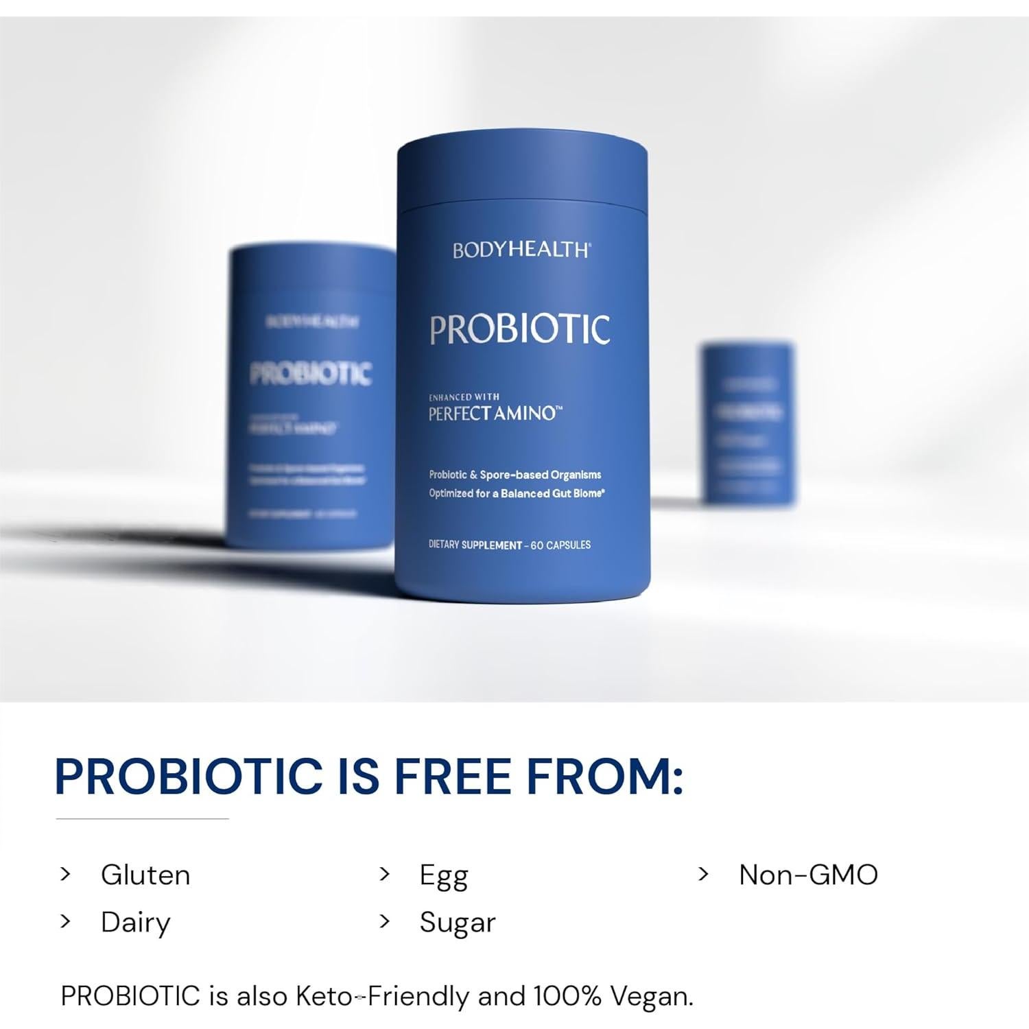 BodyHealth Probiotic Enhanced with PerfectAmino for Women and Men, Spore Based with Bifidobacterium, Lactobacillus Salivarius, Lactobacillus Acidophilus - 60 Capsules