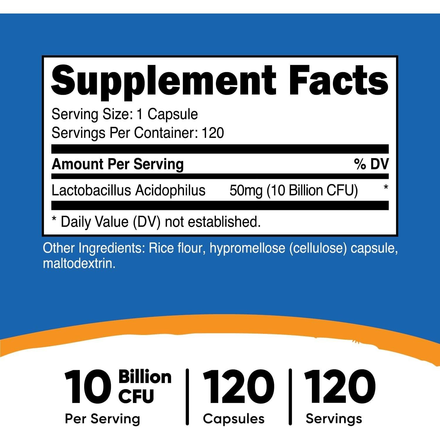 Nutricost Lactobacillus Acidophilus 10 Mil Millones CFU 120 Cápsulas