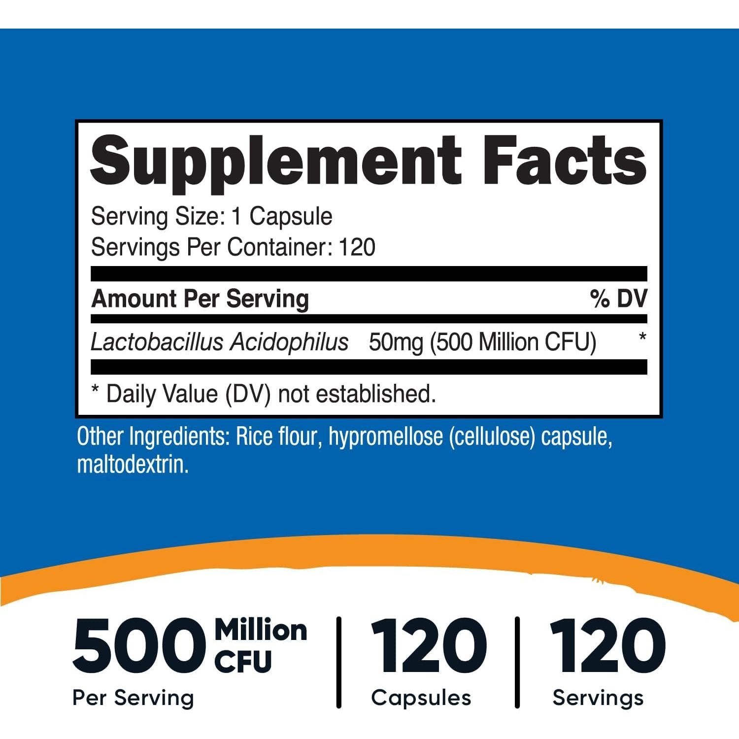 Lactobacillus Acidophilus Nutricost 500 Millones CFU 120 Cápsulas