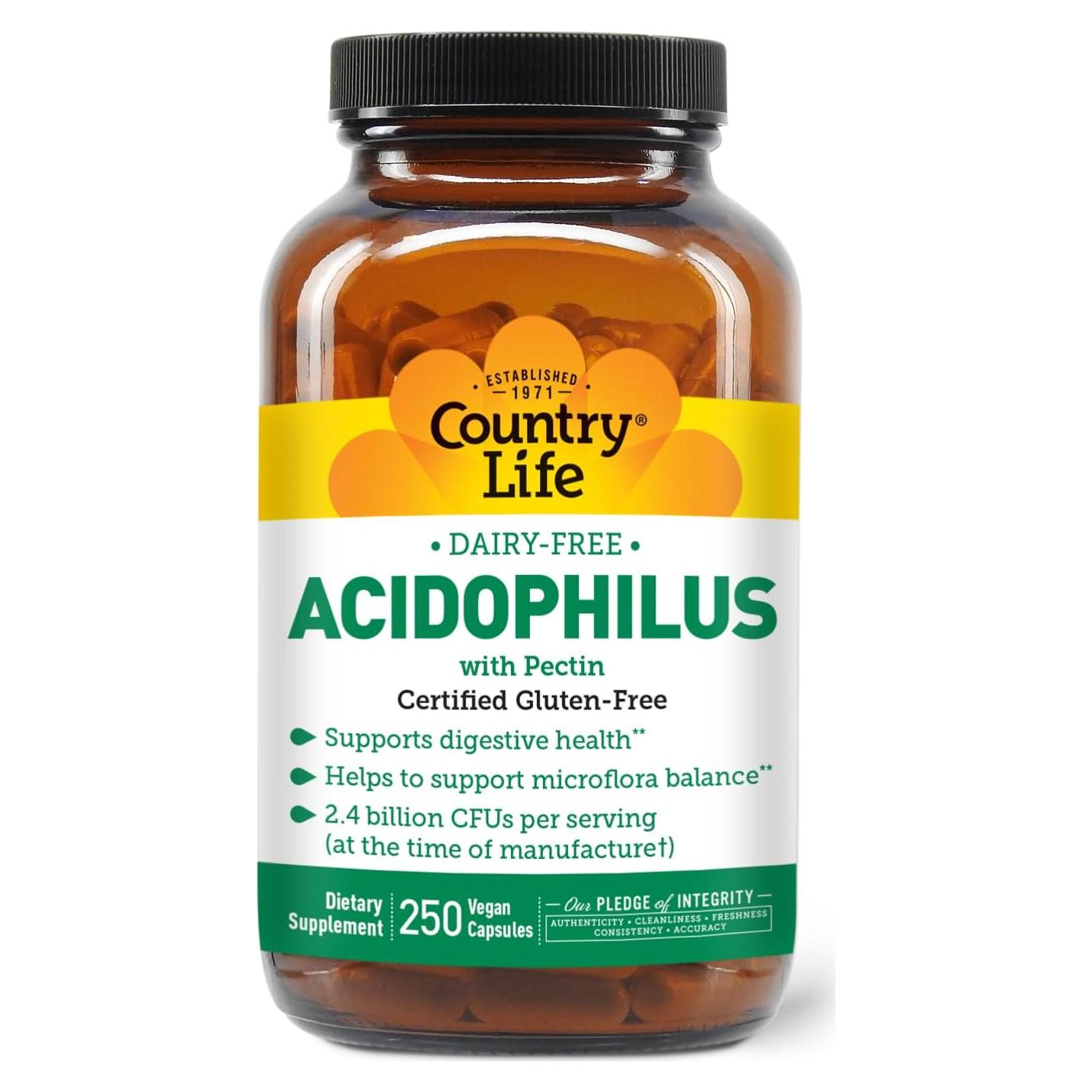 Suplemento Probiótico Acidophilus Country Life 250 Cápsulas Veganas