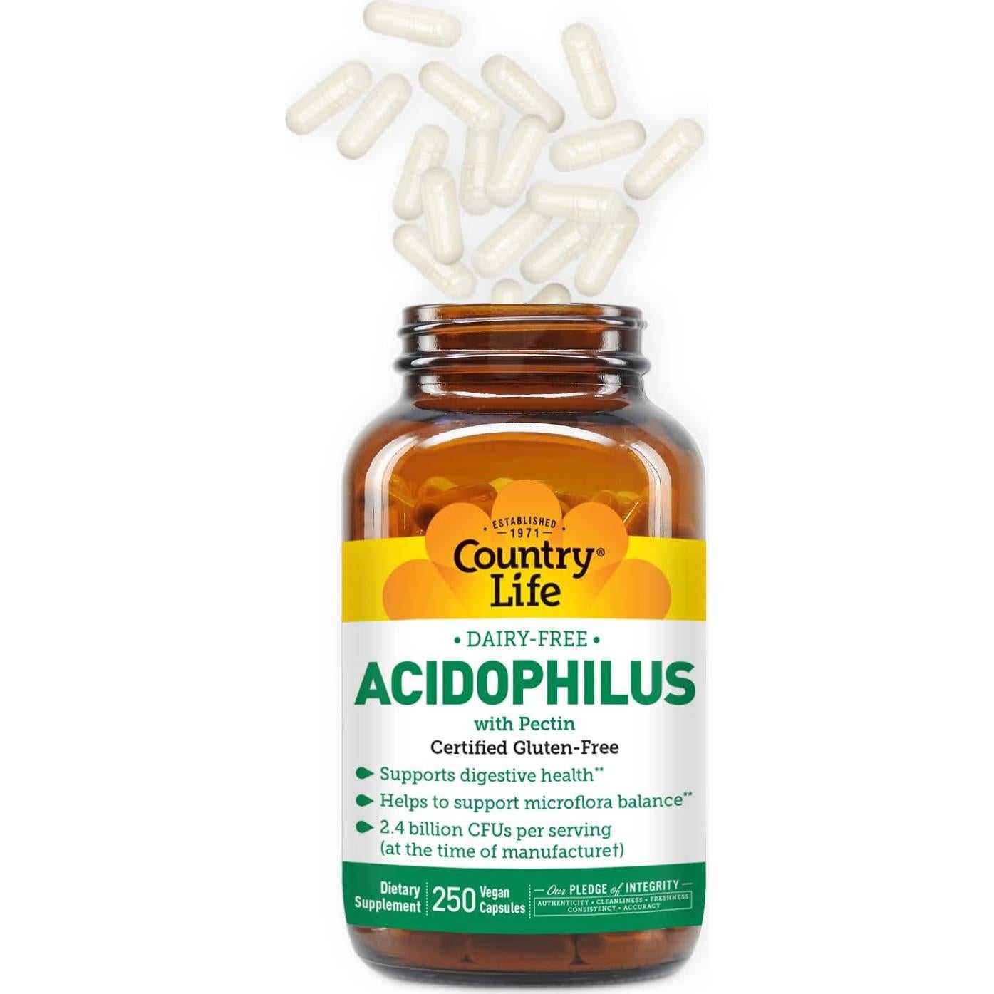 Suplemento Probiótico Acidophilus Country Life 250 Cápsulas Veganas