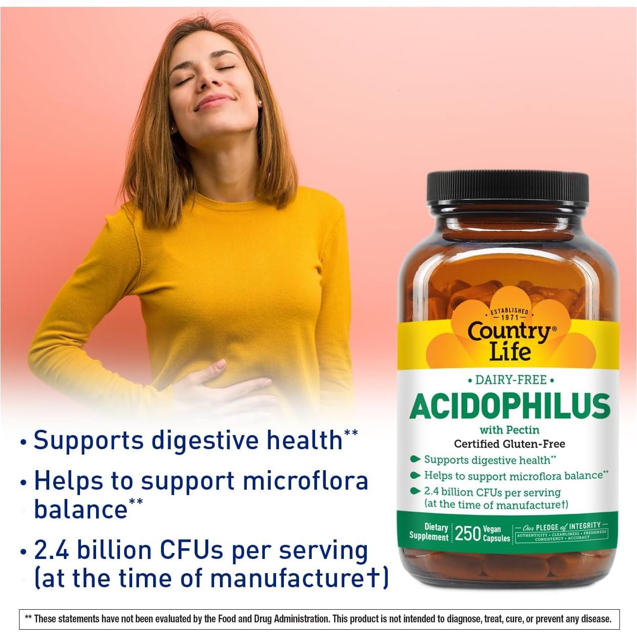 Suplemento Probiótico Acidophilus Country Life 250 Cápsulas Veganas