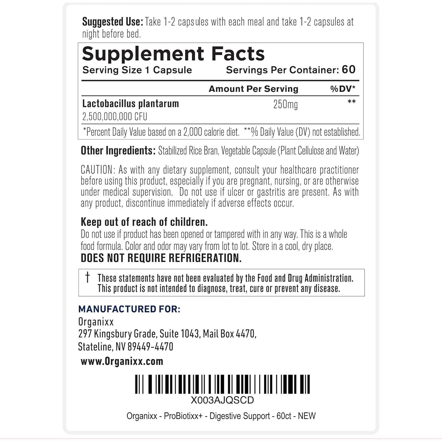 Suplemento Probiotico Organixx ProBiotixx+ 60 Cápsulas Vegetarianas