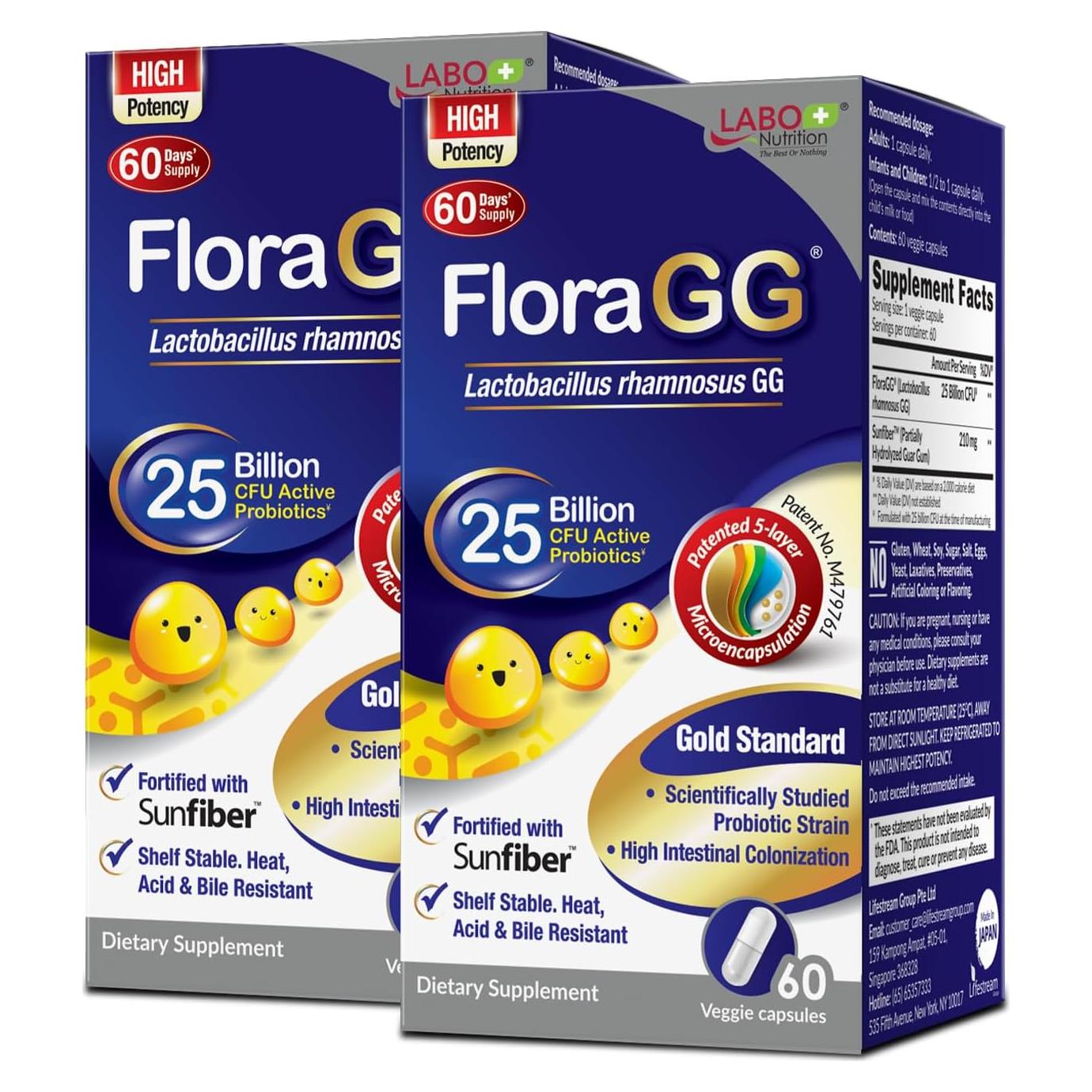 LABO Nutrition FloraGG Probioticos 25 Mil Millones CFU + Sunfiber 60 Caps