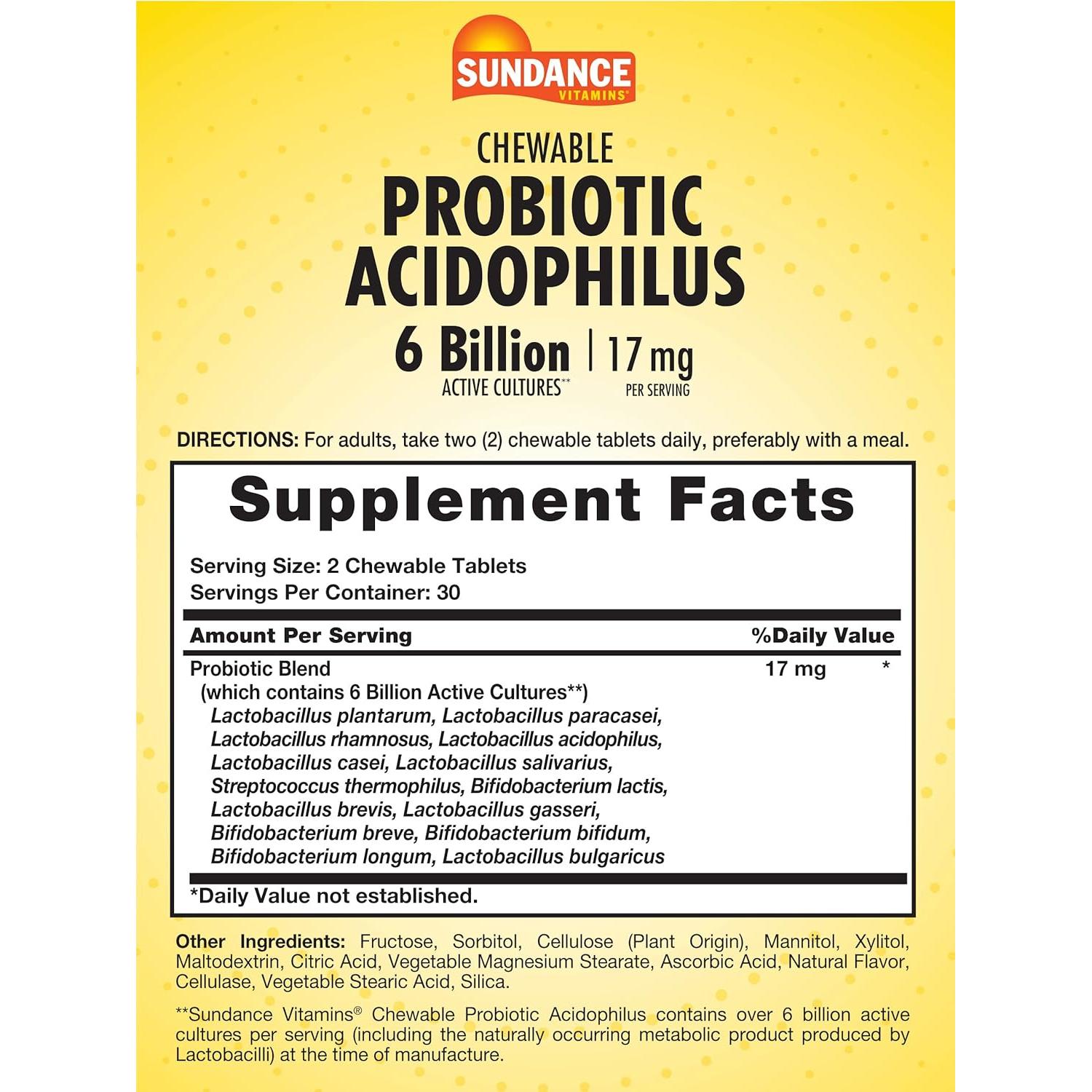 Sundance Probiotic Acidophilus 60 Tabletas Masticables 17mg Sabor Baya