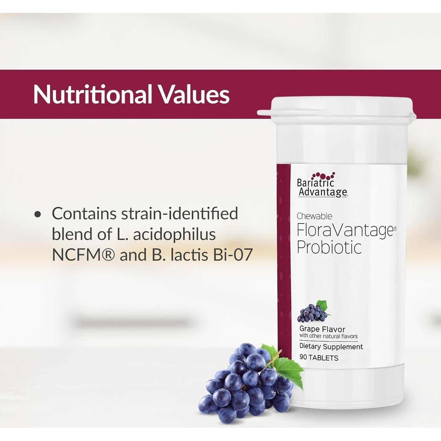 Suplemento Probiotico Masticable FloraVantage 90 Tabletas Uva