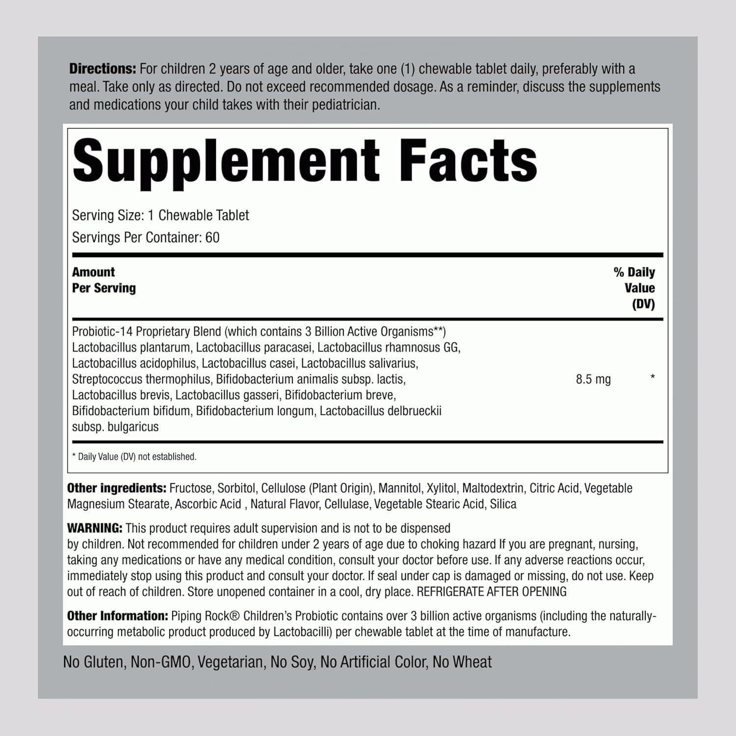 Probiotico Infantil Piping Rock 60 Tabletas Masticables Sabor Baya