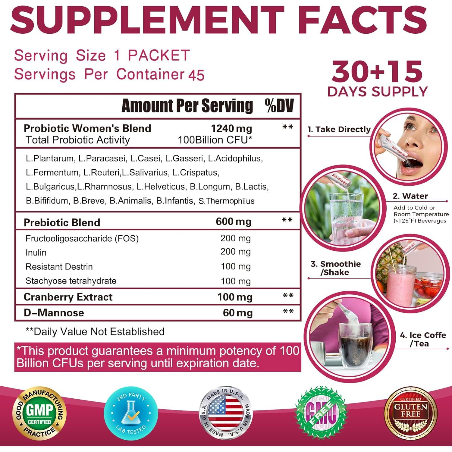 Probioticos para Mujeres Zebora 100 Mil Millones CFU 45 Paquetes