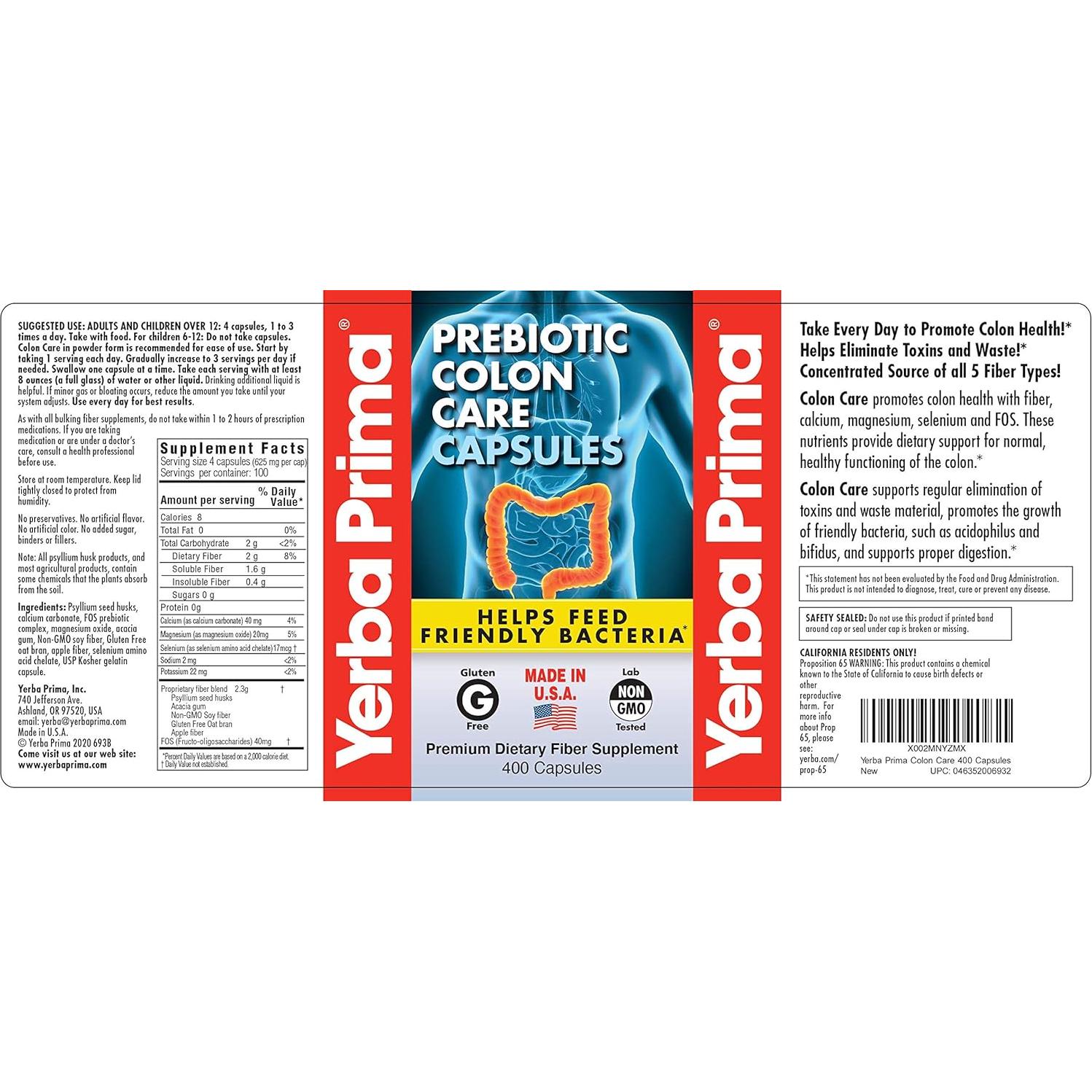 Cápsulas de Cuidado del Colon Yerba Prima - 400 Caps Fibras