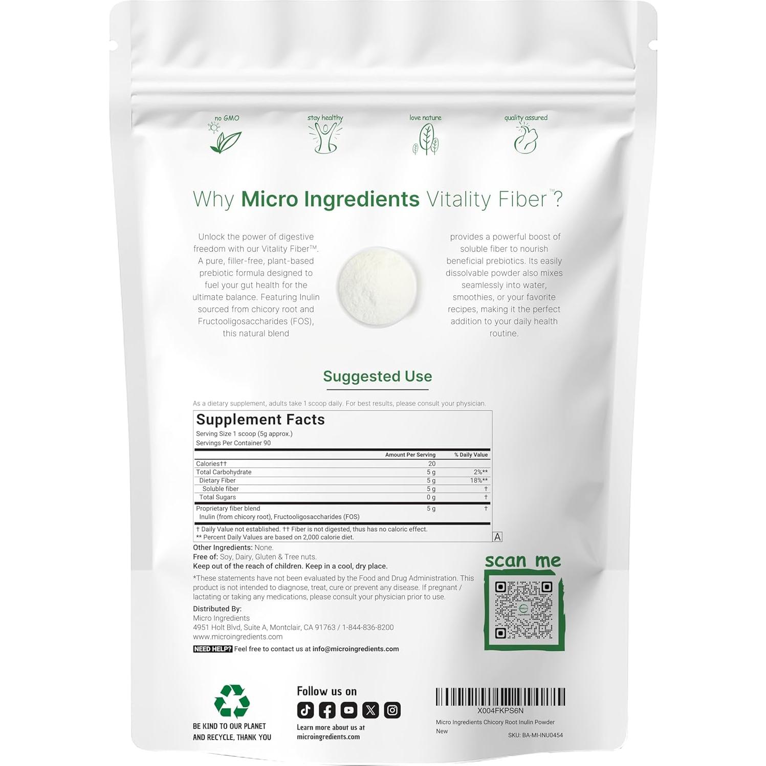 Fibra Prebiótica en Polvo Micro Ingredients 0.45kg - Salud Digestiva