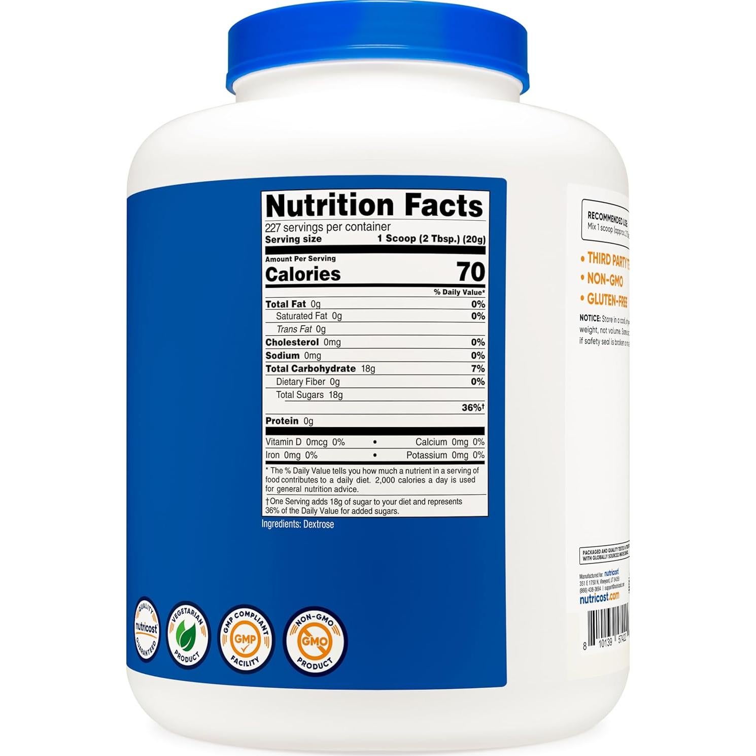 Polvo de Dextrosa Nutricost 4.54 kg - Sin OGM, Sin Gluten