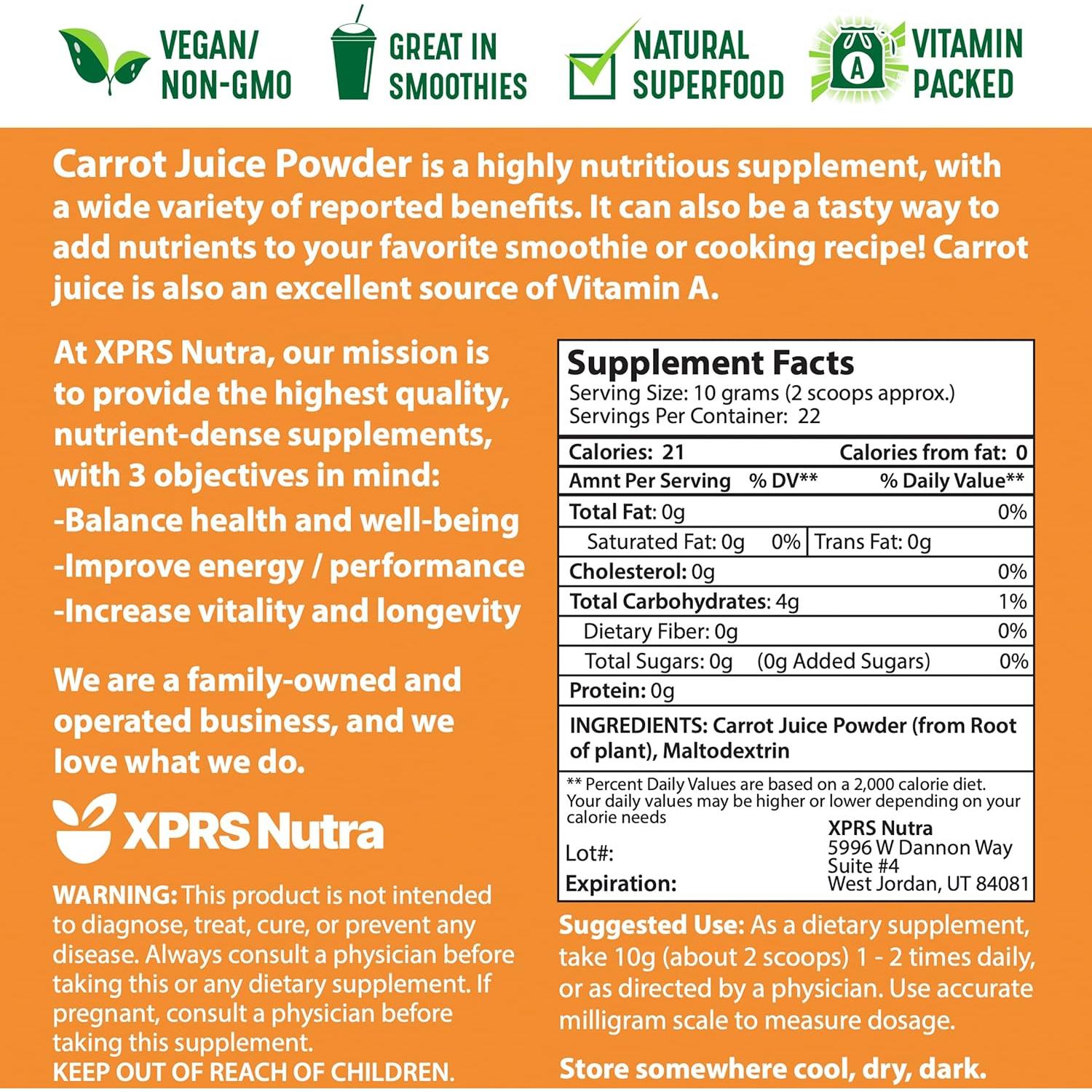 Polvo de Jugo de Zanahoria XPRS Nutra 226.8 g - 100% Natural