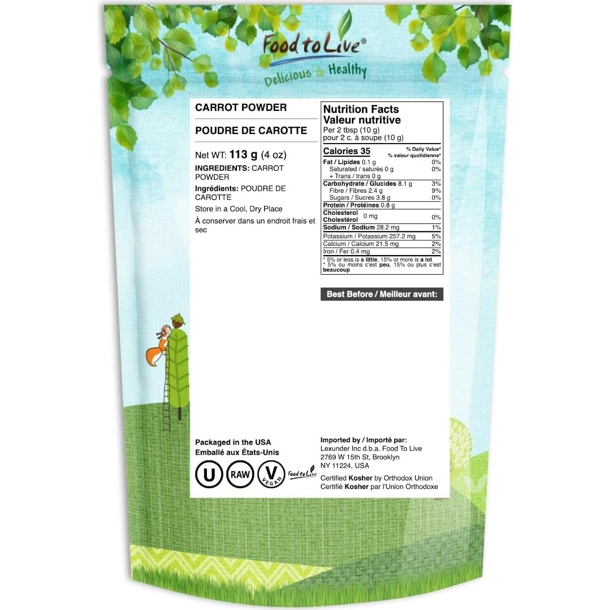 Polvo de Zanahoria Food to Live 113g - Vegano, Crudo, Kosher