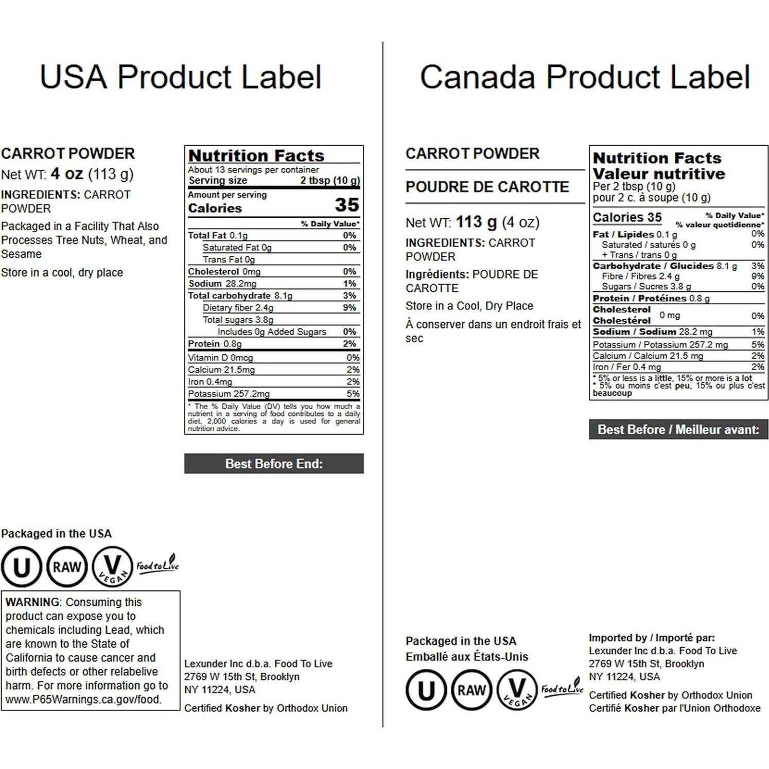 Polvo de Zanahoria Food to Live 113g - Vegano, Crudo, Kosher