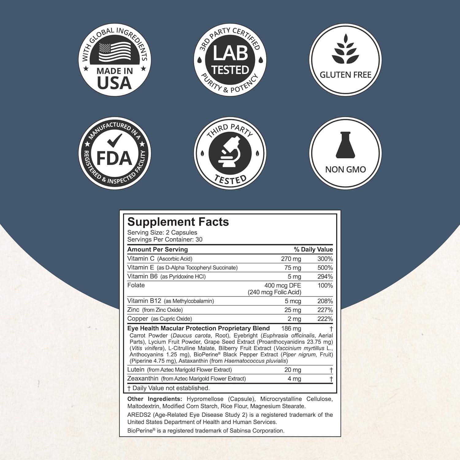 NuBest AREDS 2 Eye Vitamins with Beta Carotene Carrot Powder, 20mg Lutein, 4mg Zeaxanthin, Bilberry, Grape Seed, BioPerine, B-Complex, Multivitamin for Eye Health | 1 Month Supply