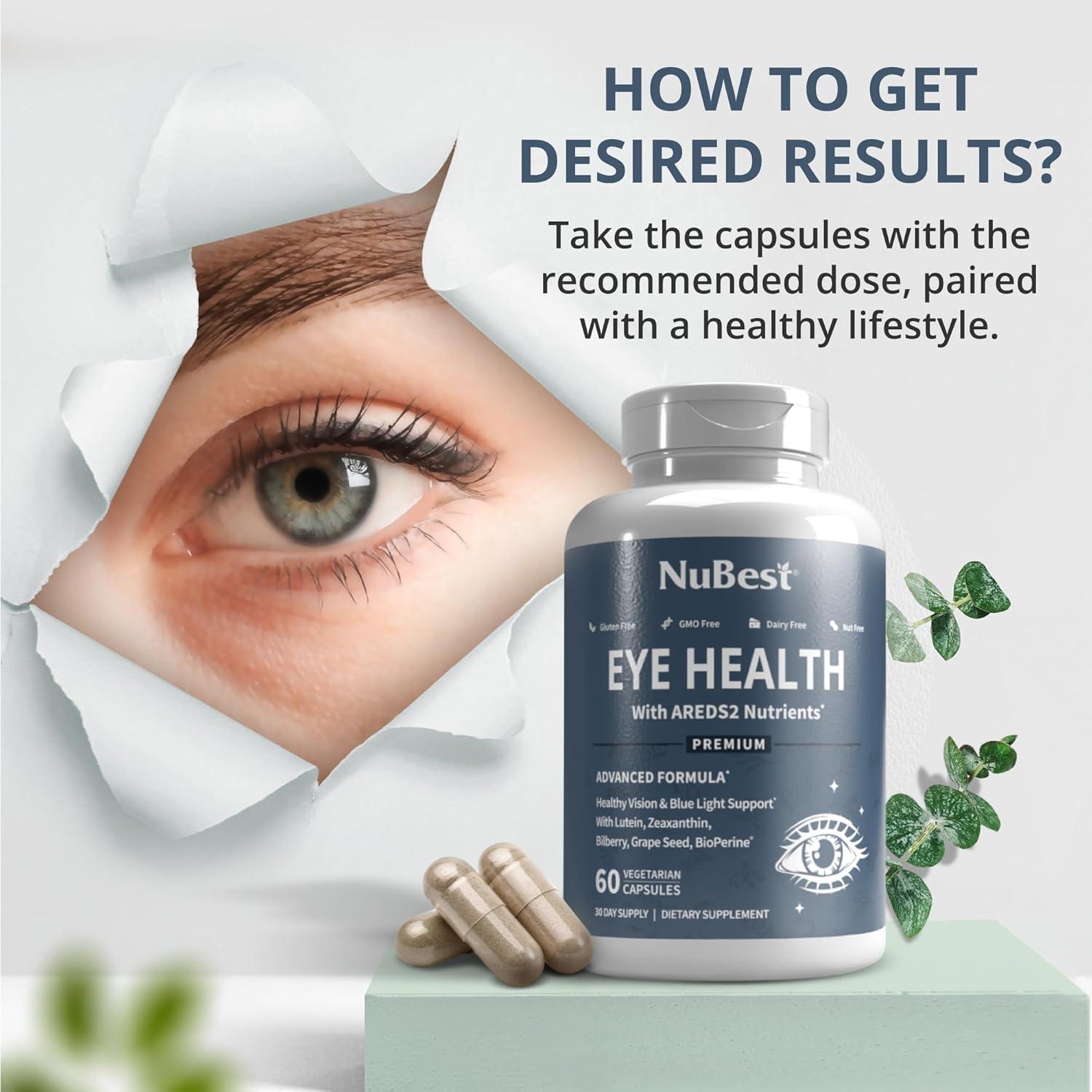 NuBest AREDS 2 Eye Vitamins with Beta Carotene Carrot Powder, 20mg Lutein, 4mg Zeaxanthin, Bilberry, Grape Seed, BioPerine, B-Complex, Multivitamin for Eye Health | 1 Month Supply