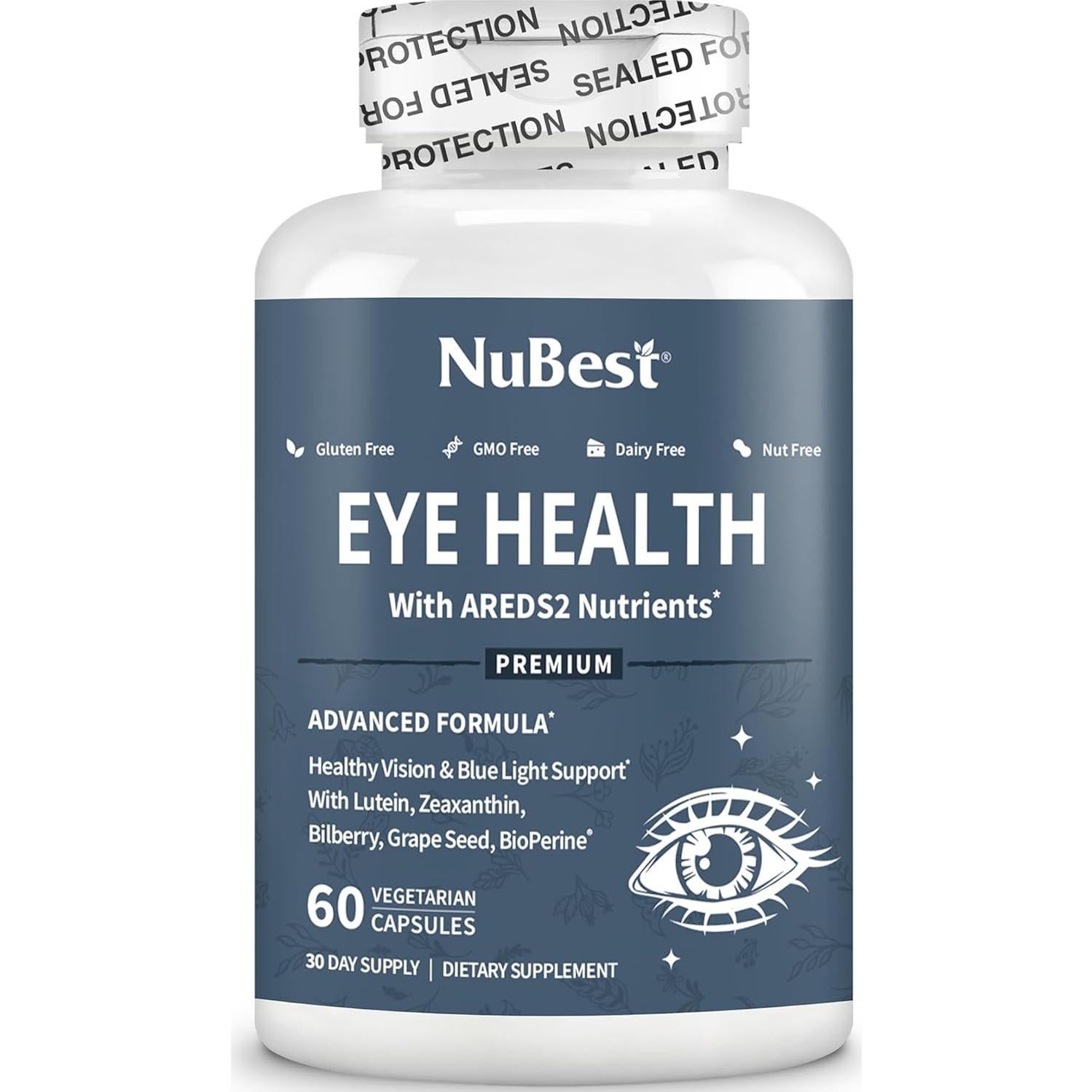 NuBest AREDS 2 Eye Vitamins with Beta Carotene Carrot Powder, 20mg Lutein, 4mg Zeaxanthin, Bilberry, Grape Seed, BioPerine, B-Complex, Multivitamin for Eye Health | 1 Month Supply