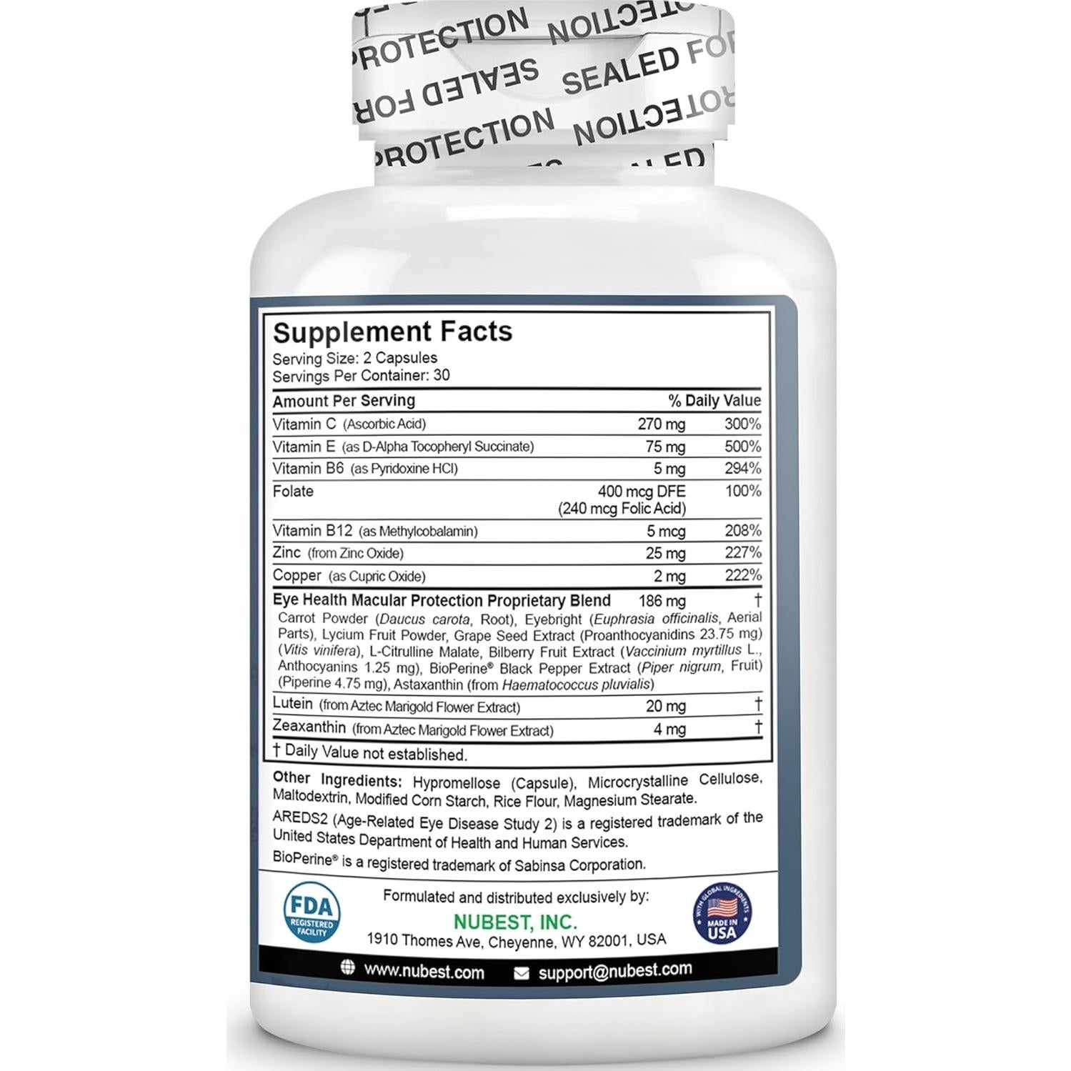 NuBest AREDS 2 Eye Vitamins with Beta Carotene Carrot Powder, 20mg Lutein, 4mg Zeaxanthin, Bilberry, Grape Seed, BioPerine, B-Complex, Multivitamin for Eye Health | 1 Month Supply