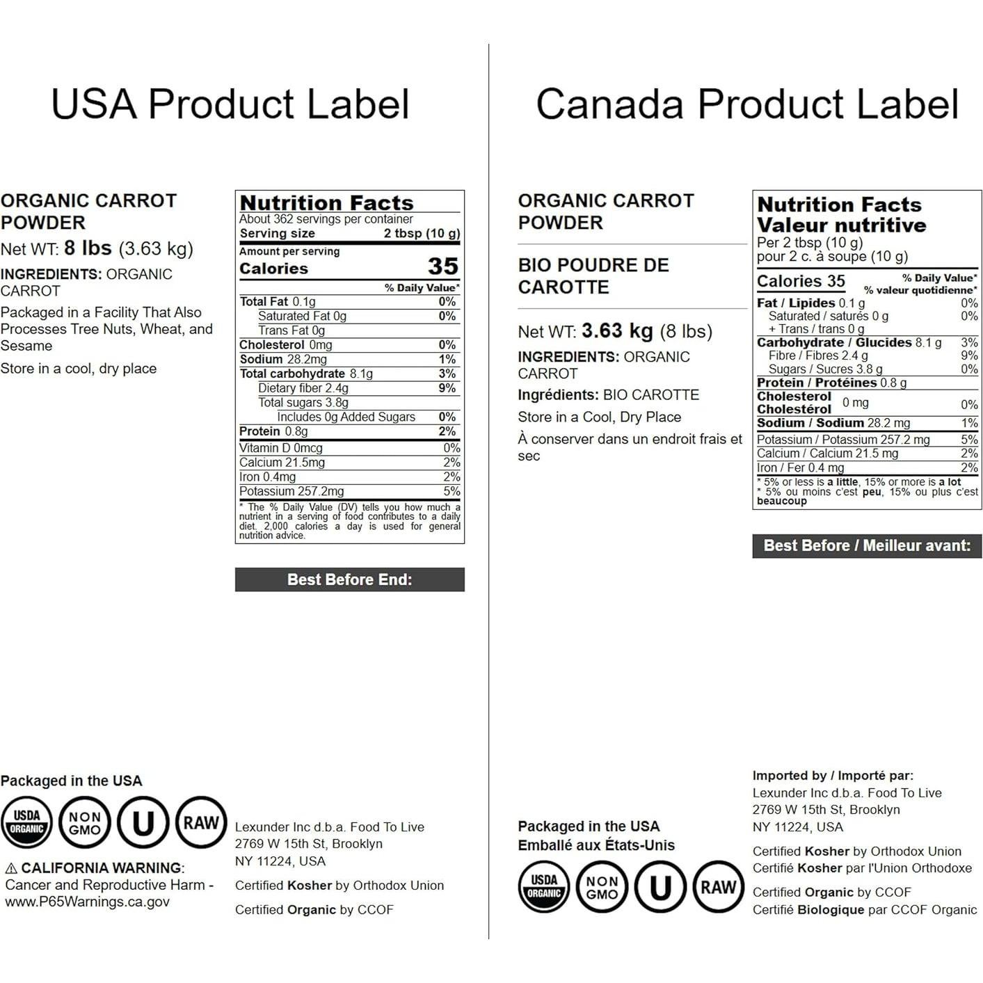 Polvo de Zanahoria Orgánico Food to Live 3.63 kg - Vegano, Sin OGM