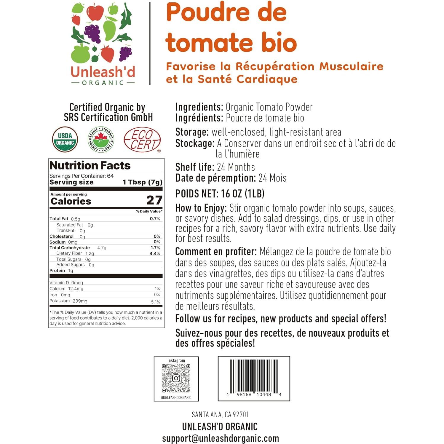 Polvo de Tomate Orgánico UNLEASH'D 450g - Rico en Antioxidantes