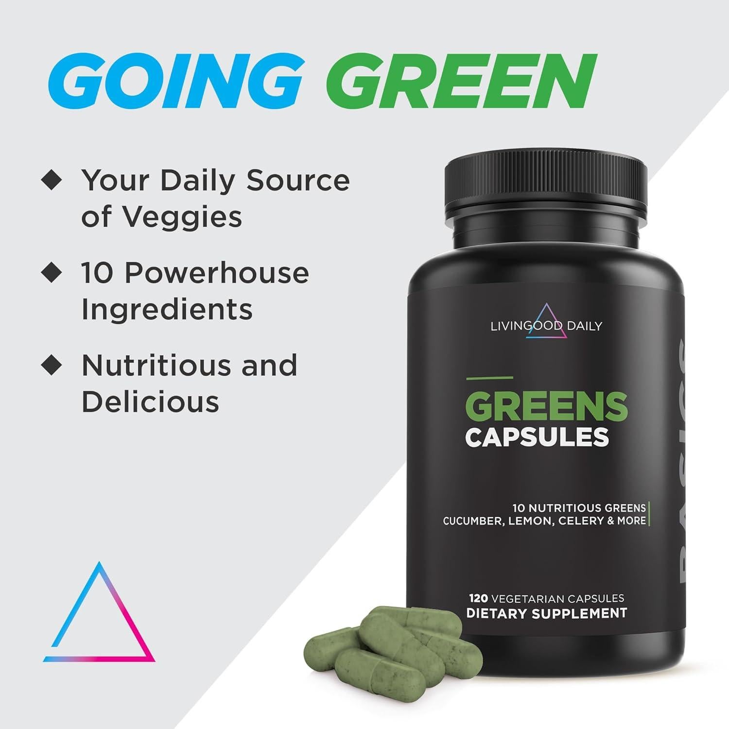 Cápsulas de Greens Diarios Livingood, 120 Ct, Vegetales y Espirulina