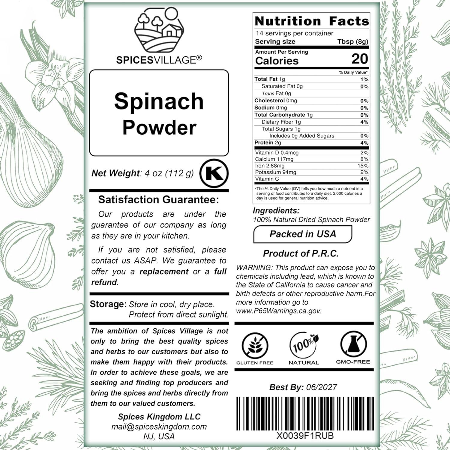 Polvo de Espinaca Secada Spices Village 113 g - Vegano y Sin Gluten