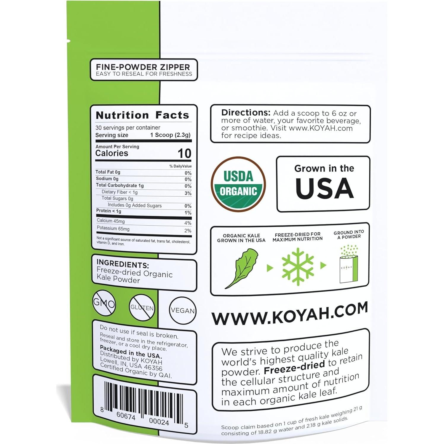 Polvo de Kale Orgánico KOYAH - Liofilizado 30 Tazas Fresco