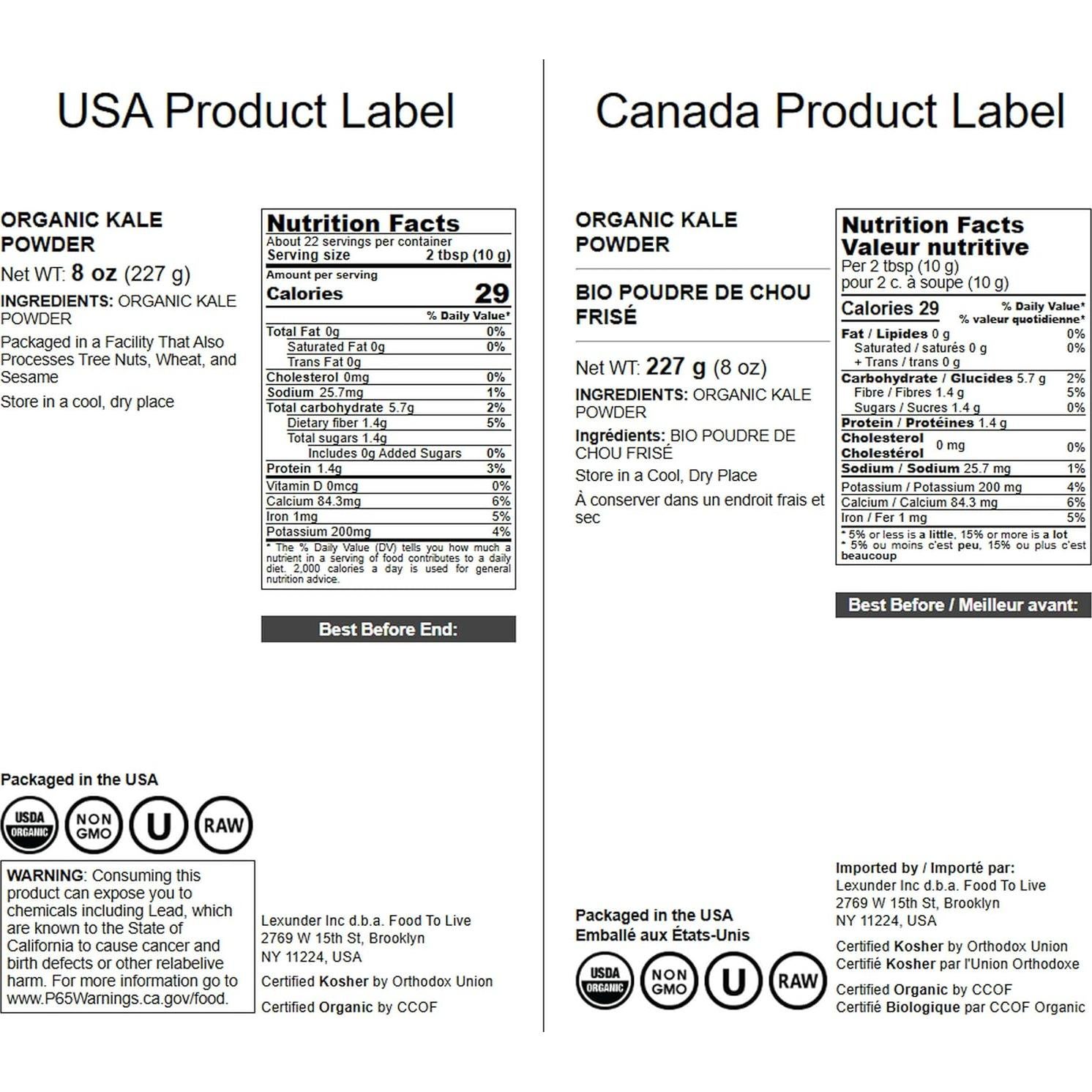 Polvo de Col Rizada Orgánico Food to Live 226g Vegano Kosher