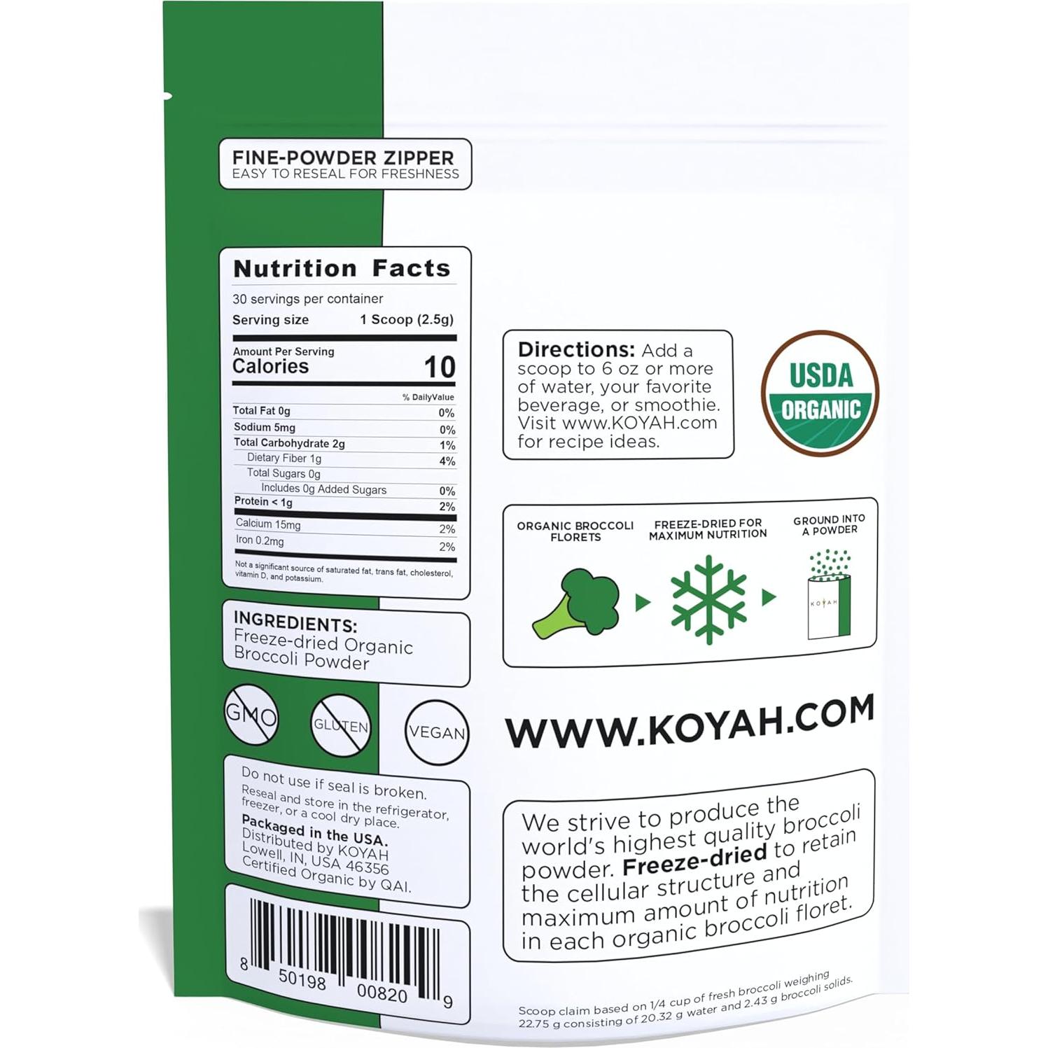 Polvo de Brócoli Orgánico KOYAH - 30 Cucharadas Liofilizado