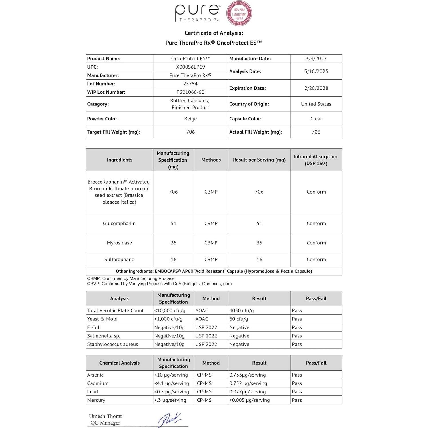 Suplemento Sulforafano Pure TheraPro Rx 706 mg 60 Cápsulas