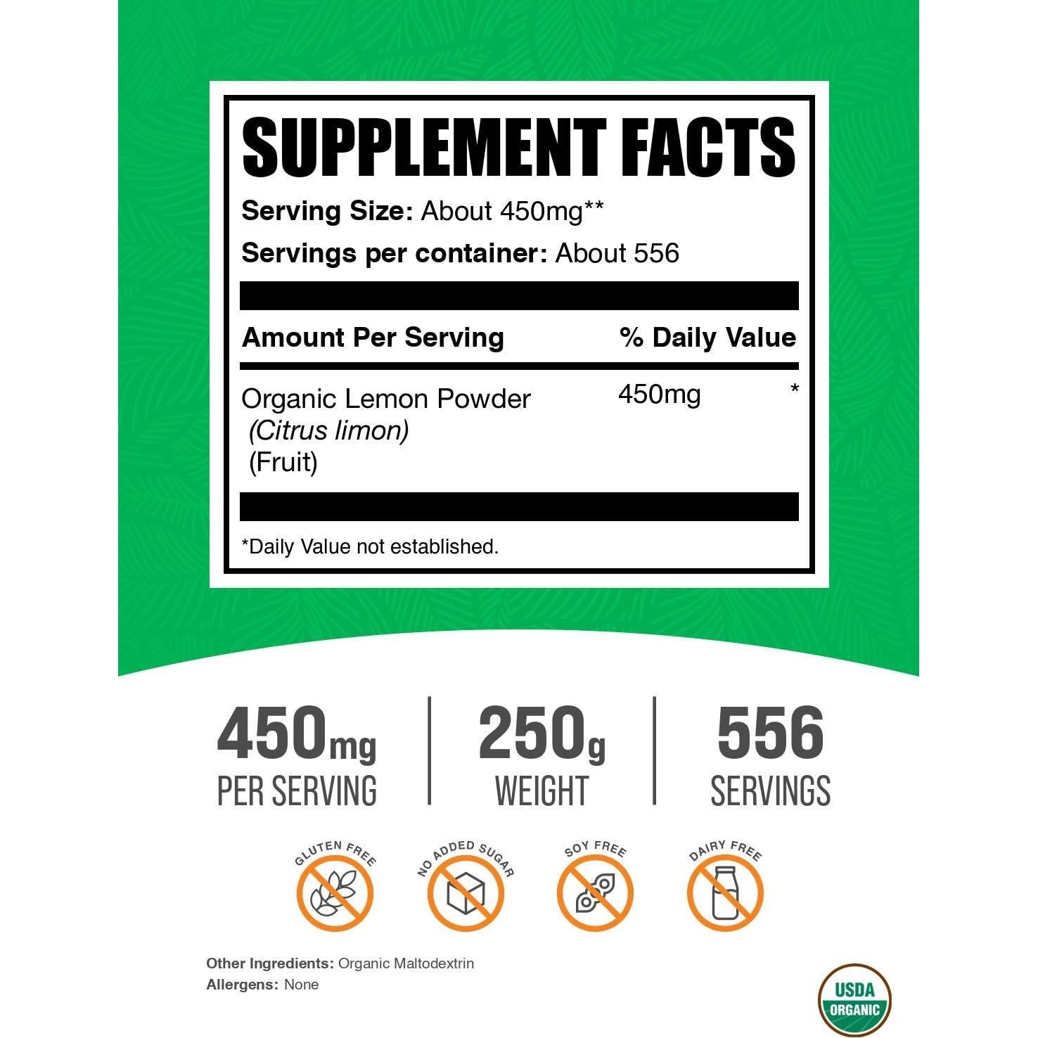 Polvo de Limón Orgánico BulkSupplements 250g - Sin Gluten