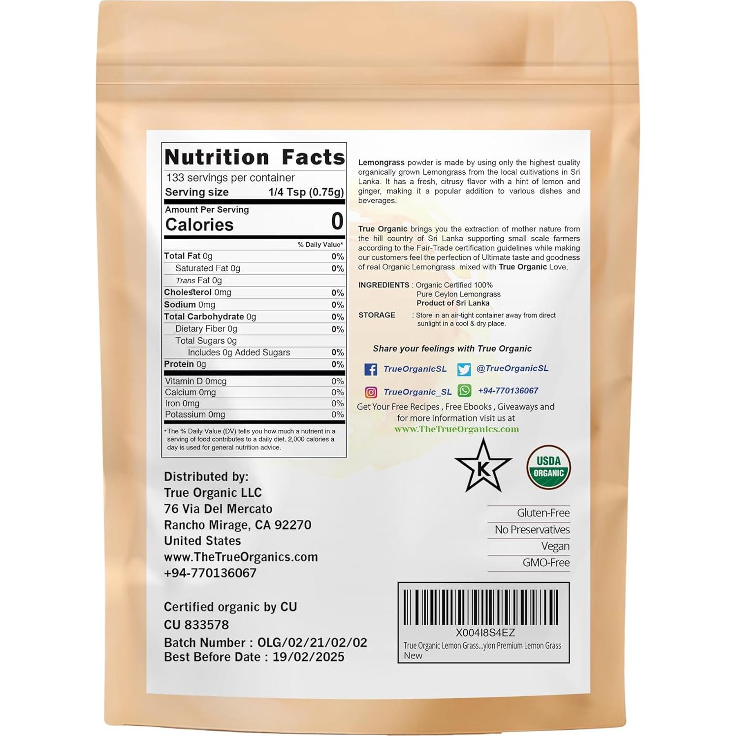 Polvo de Hierba de Limón Orgánico Verdadero 99 g - Ceylán