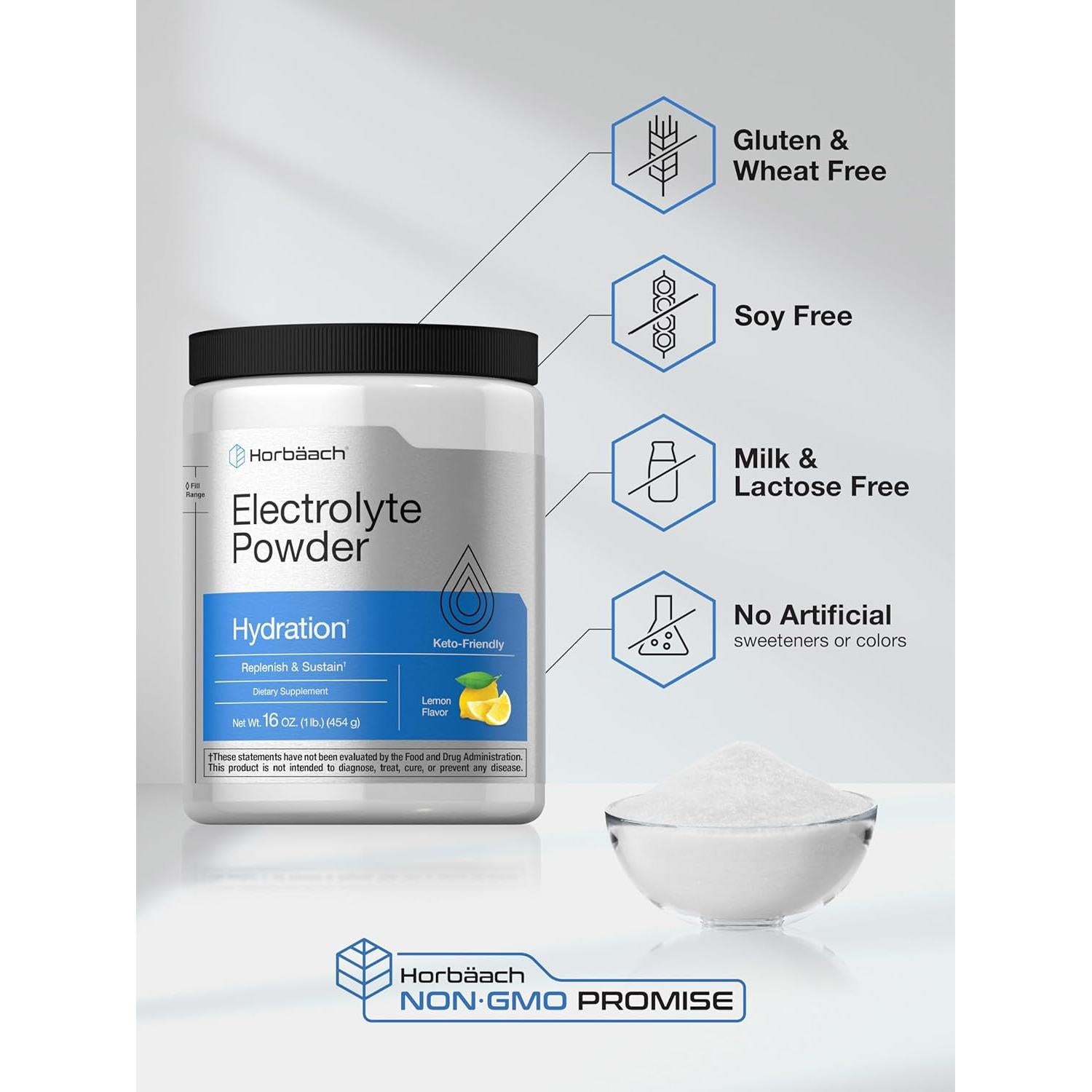 Polvo de Electrolitos Horbaach 453.6 g Sabor Limón Vegetariano