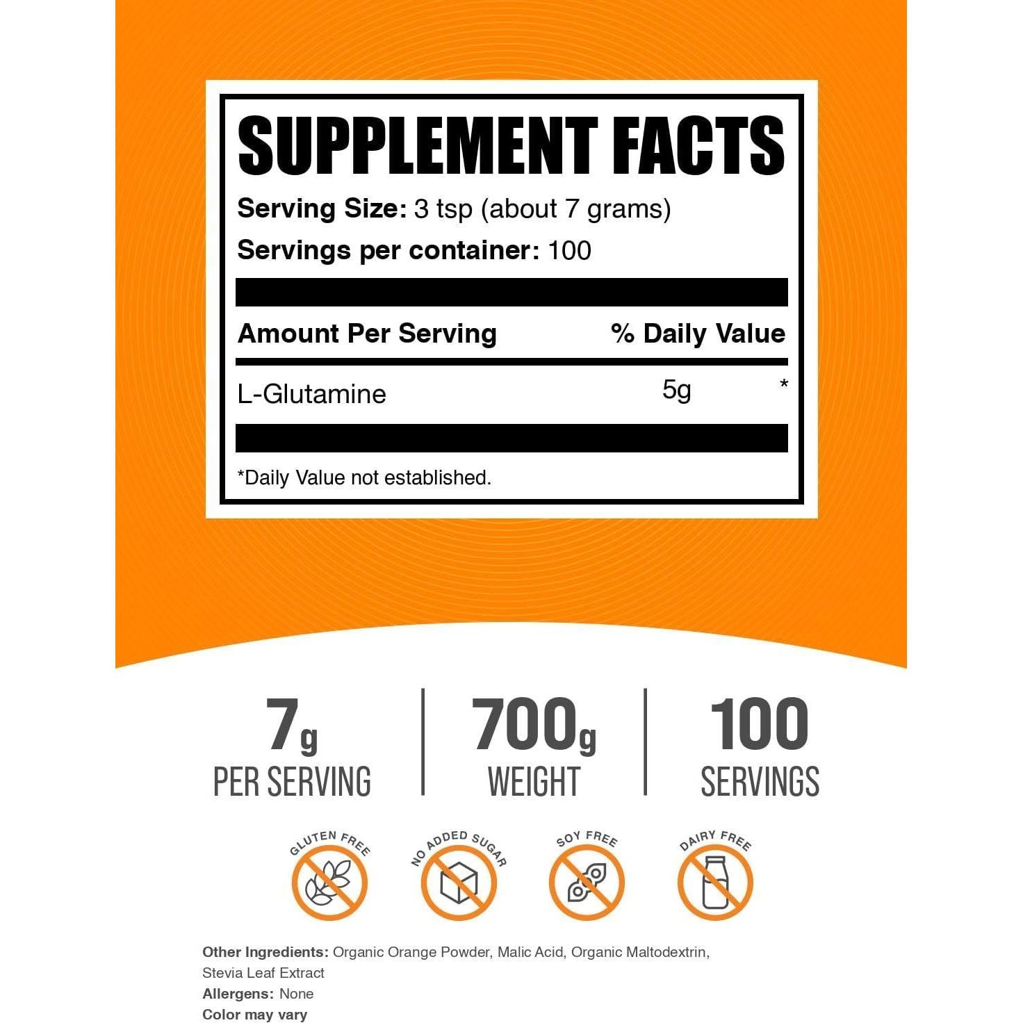 L-Glutamina en Polvo BulkSupplements 700g Sabor Naranja Smash
