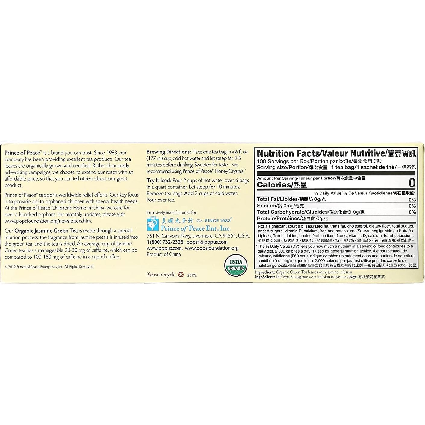 Té Verde Orgánico Prince of Peace 100 Bolsitas Jazmín