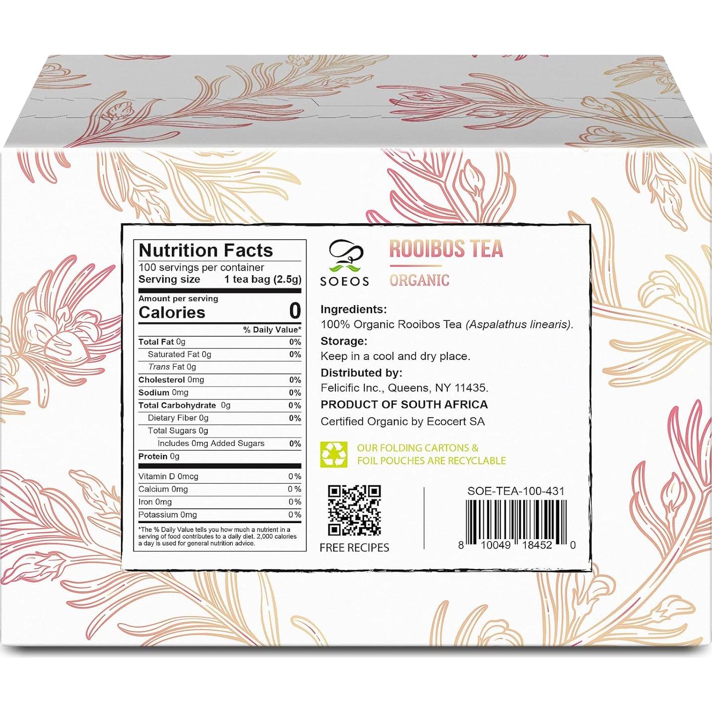 Té Rooibos Orgánico Soeos 250g - 100 Bolsitas Sin Cafeína