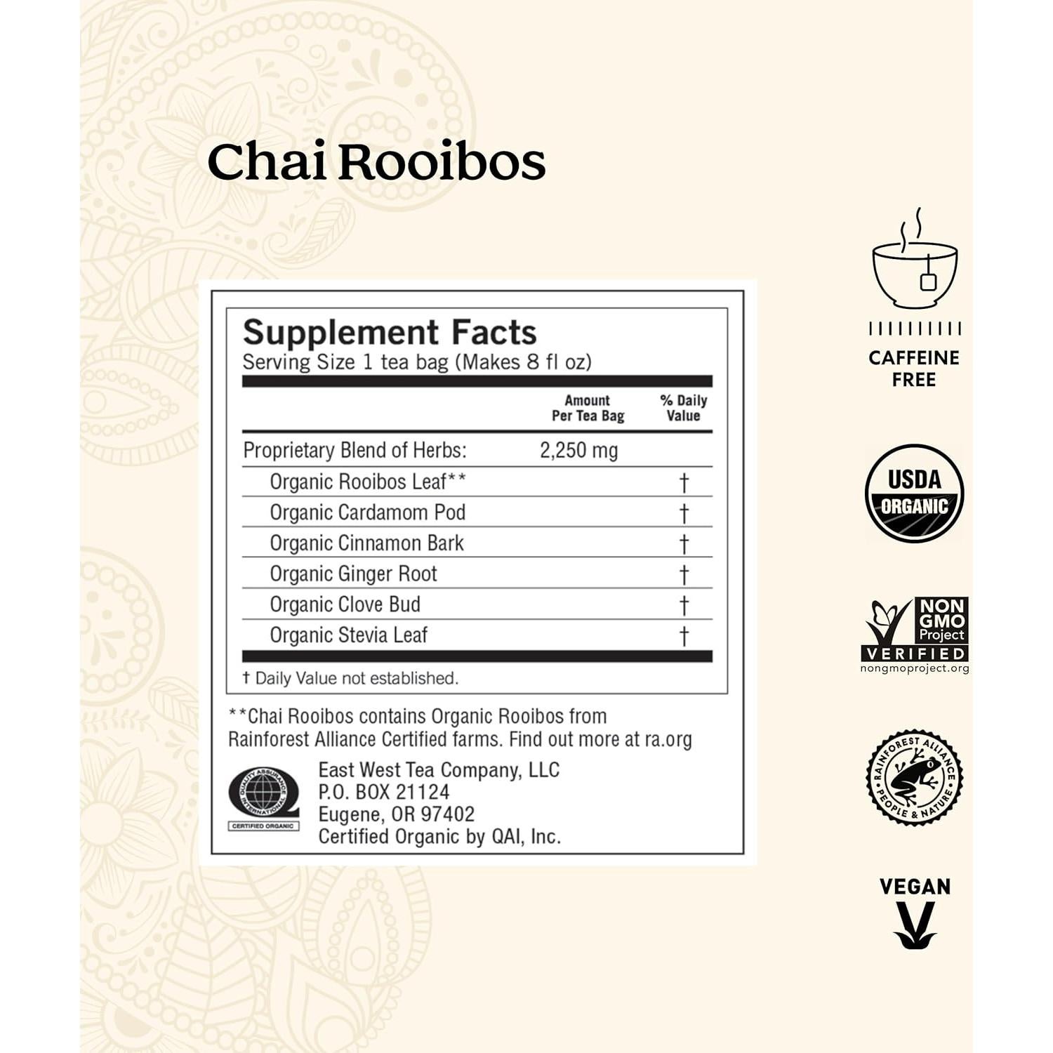 Té Rooibos Chai Orgánico Yogi - 64 Bolsas - Sin Cafeína