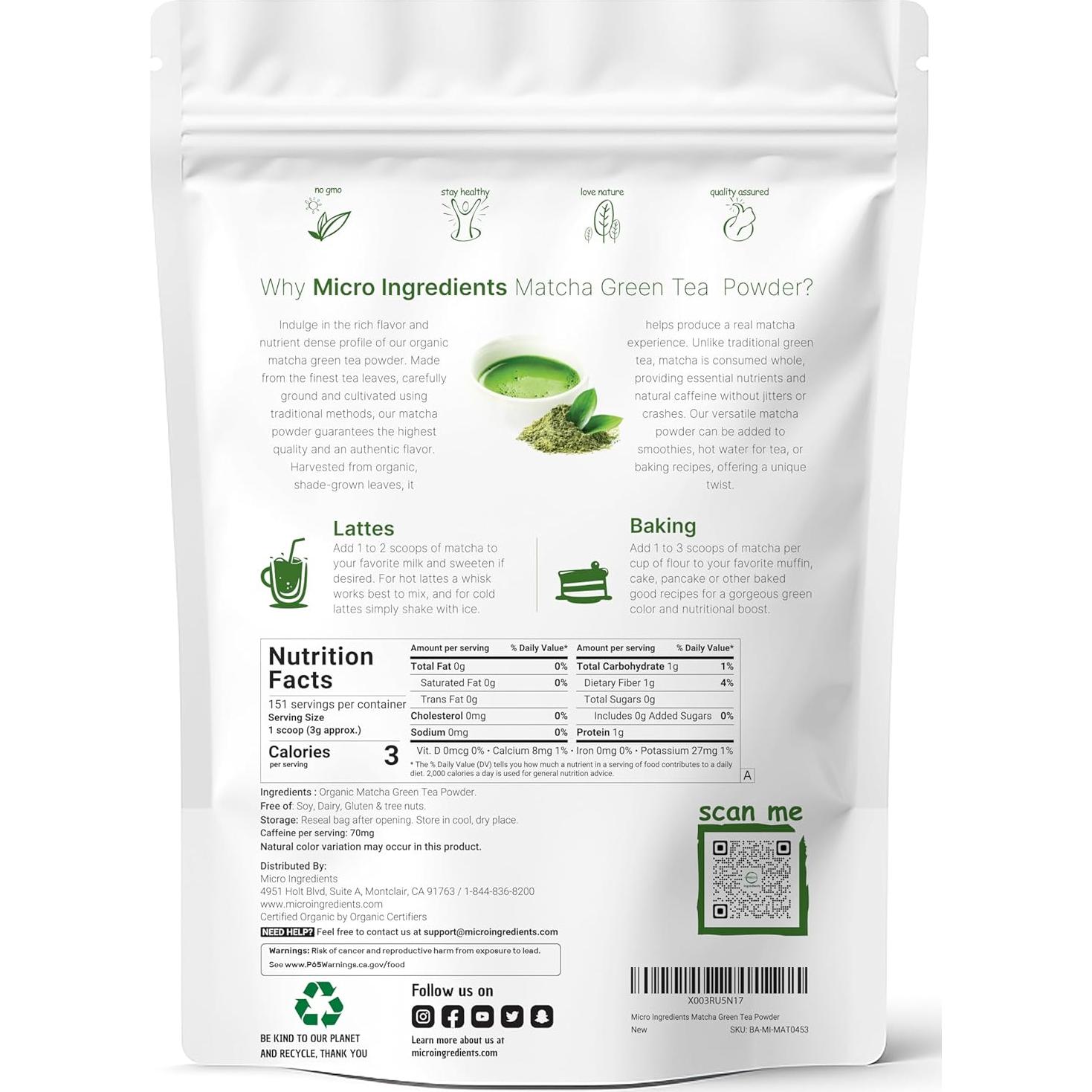 Polvo de Té Verde Matcha Orgánico Micro Ingredients 453g