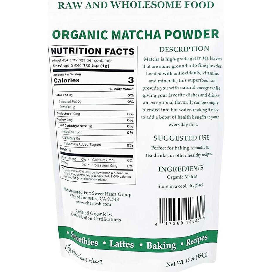 Polvo de Té Verde Matcha Orgánico Cherie Sweet Heart 454g